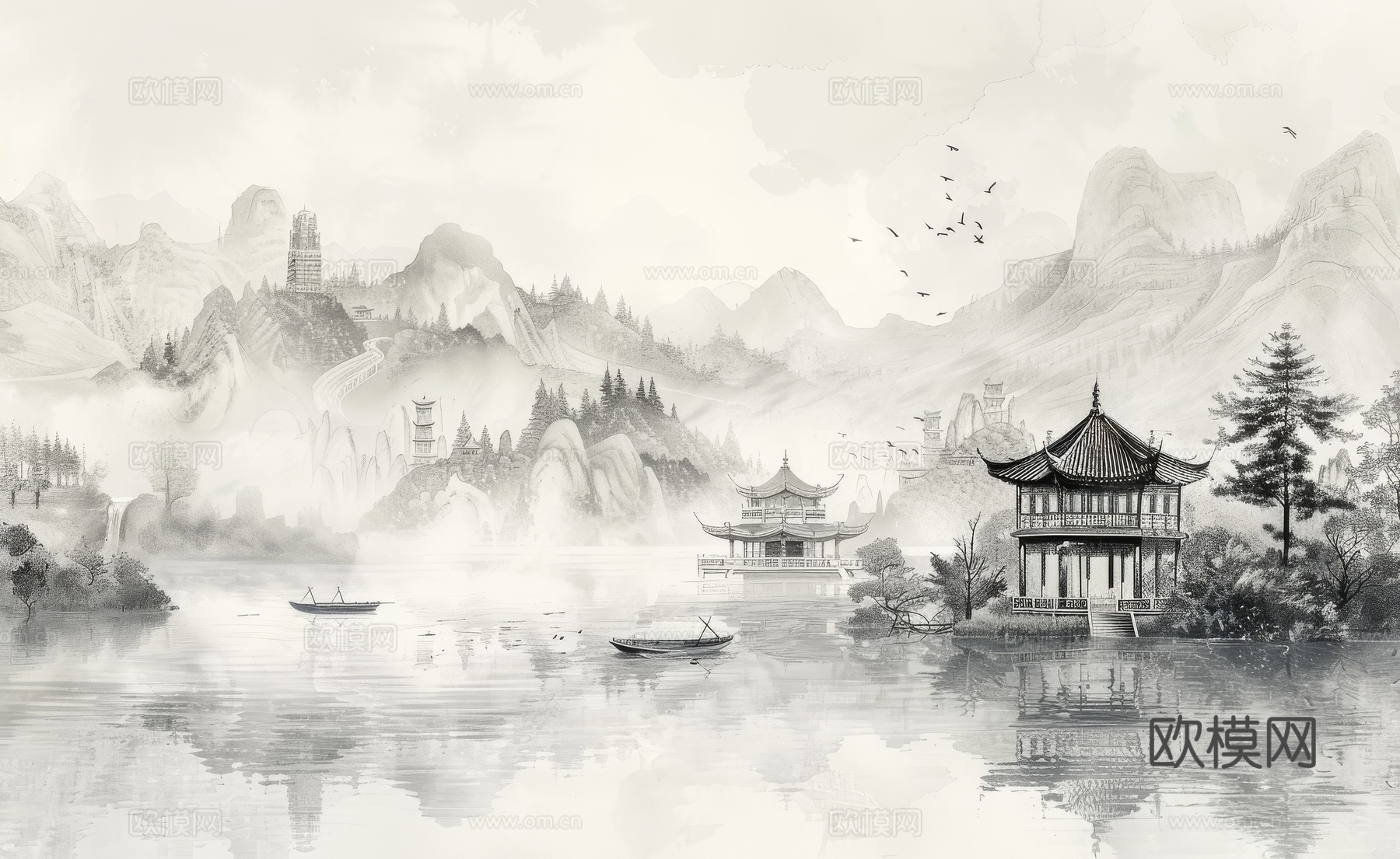 新中式亭台楼阁线条建筑壁画