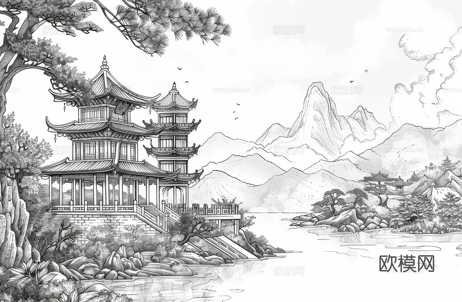 新中式亭台楼阁线条建筑壁画下载（渲染图4）