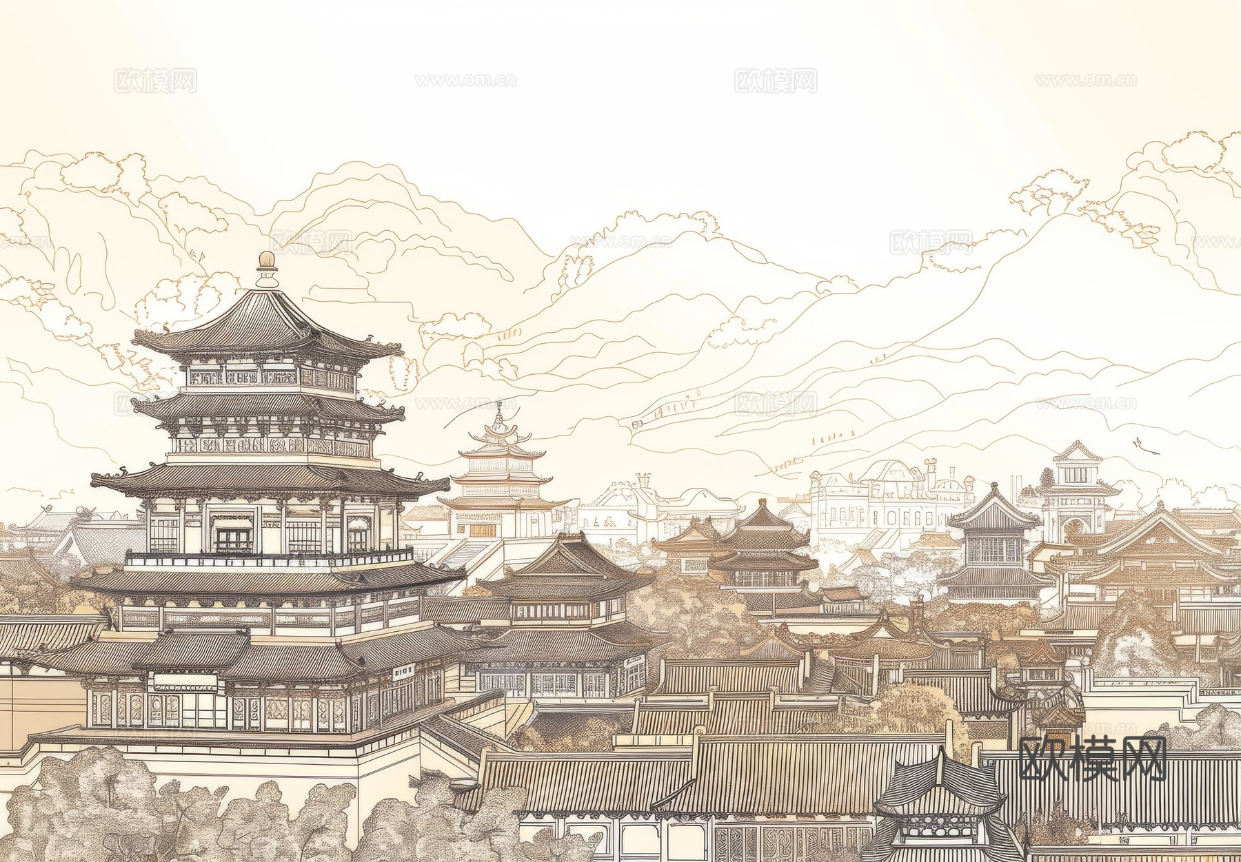 新中式亭台楼阁线条建筑壁画