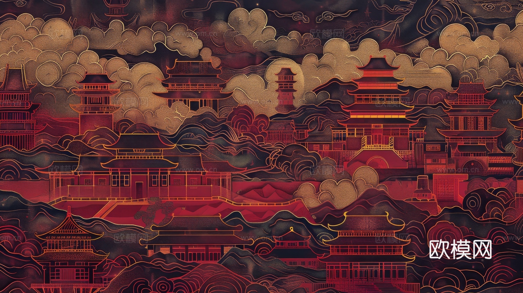 新中式亭台楼阁线条建筑壁画下载（渲染图5）