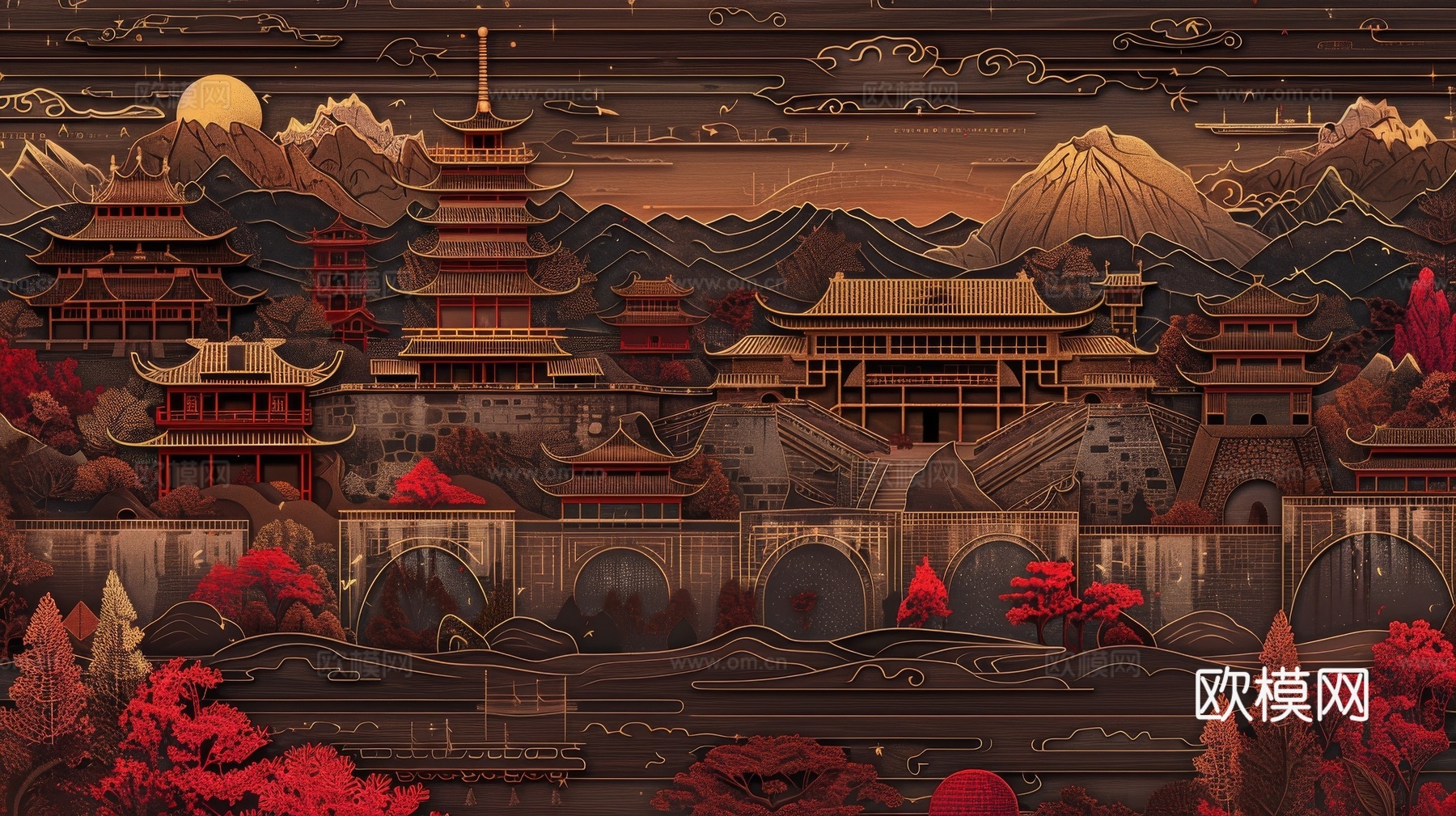 新中式亭台楼阁线条建筑壁画下载（渲染图7）