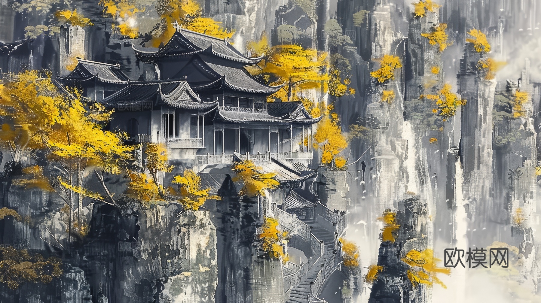 新中式亭台楼阁线条建筑壁画