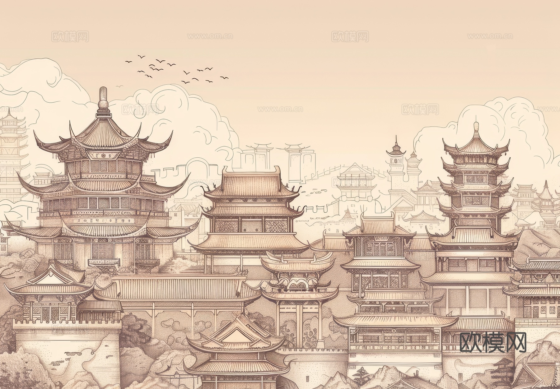 新中式亭台楼阁线条建筑壁画下载（渲染图8）