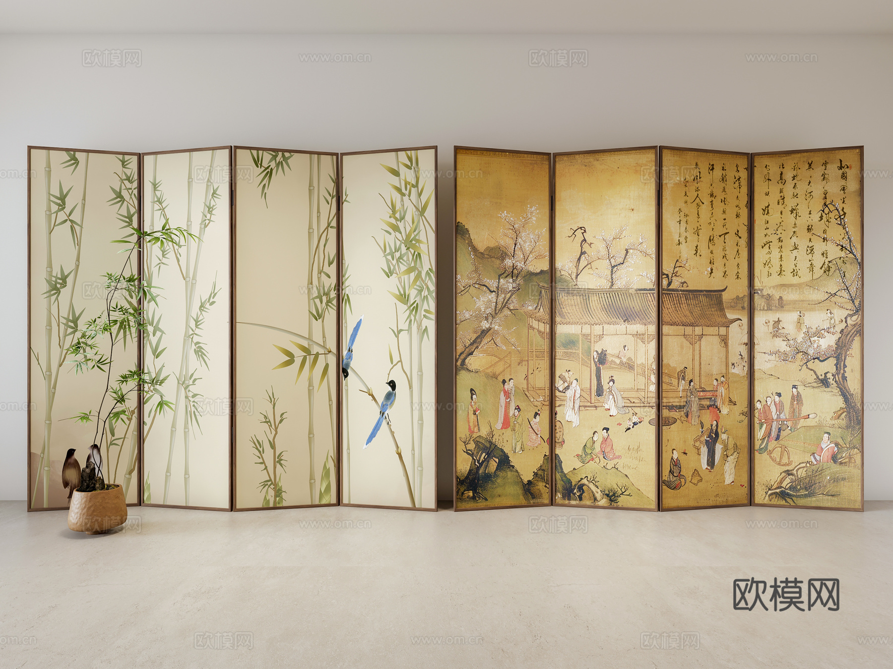 禅意新中式屏风 可折叠屏风 宋代美学隔断  装饰植物3d模型