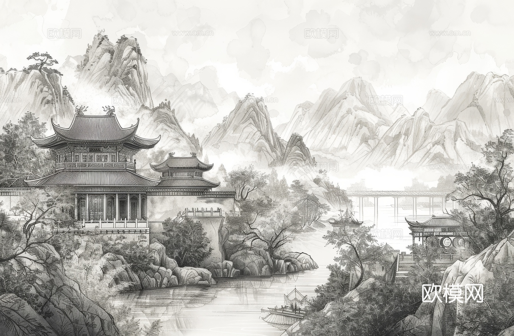 新中式亭台楼阁线条建筑壁画