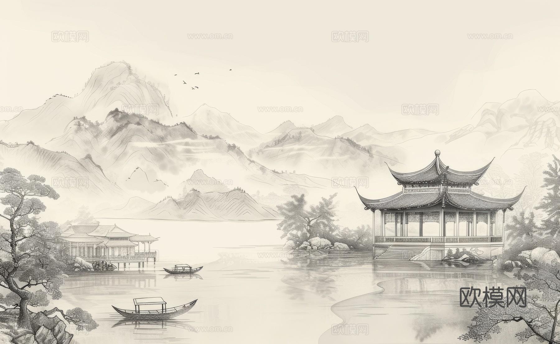 新中式亭台楼阁线条建筑壁画