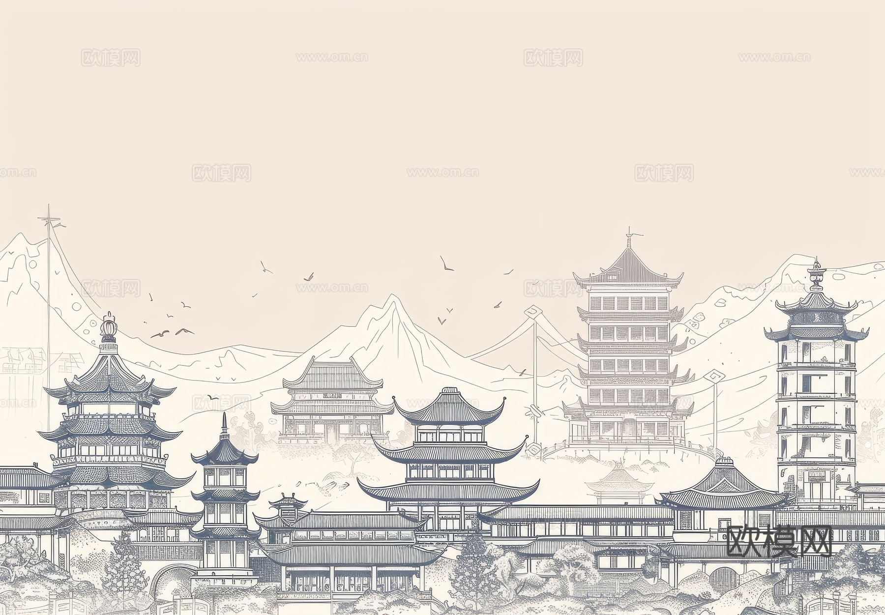 新中式亭台楼阁线条建筑壁画下载（渲染图5）