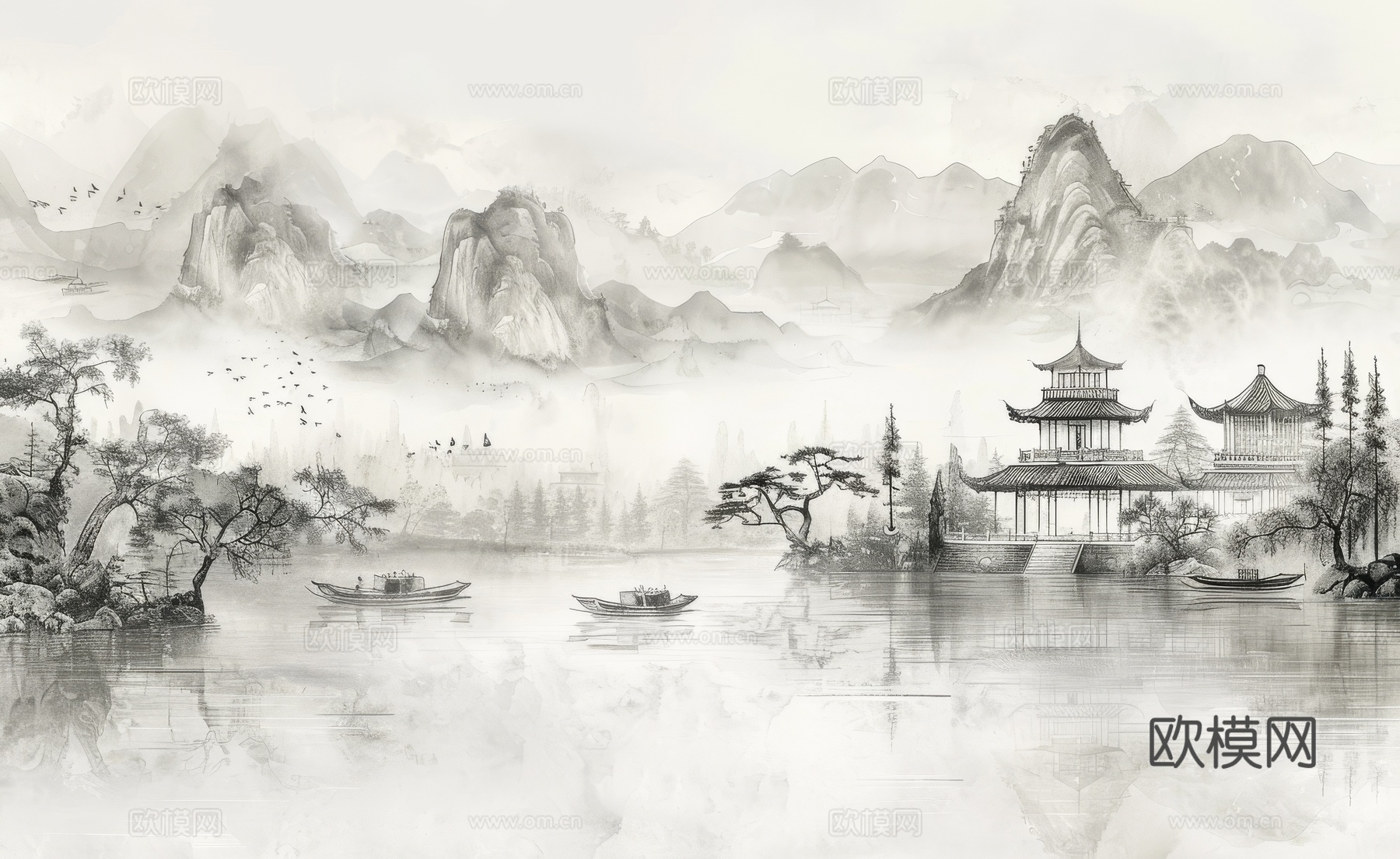 新中式亭台楼阁线条建筑壁画