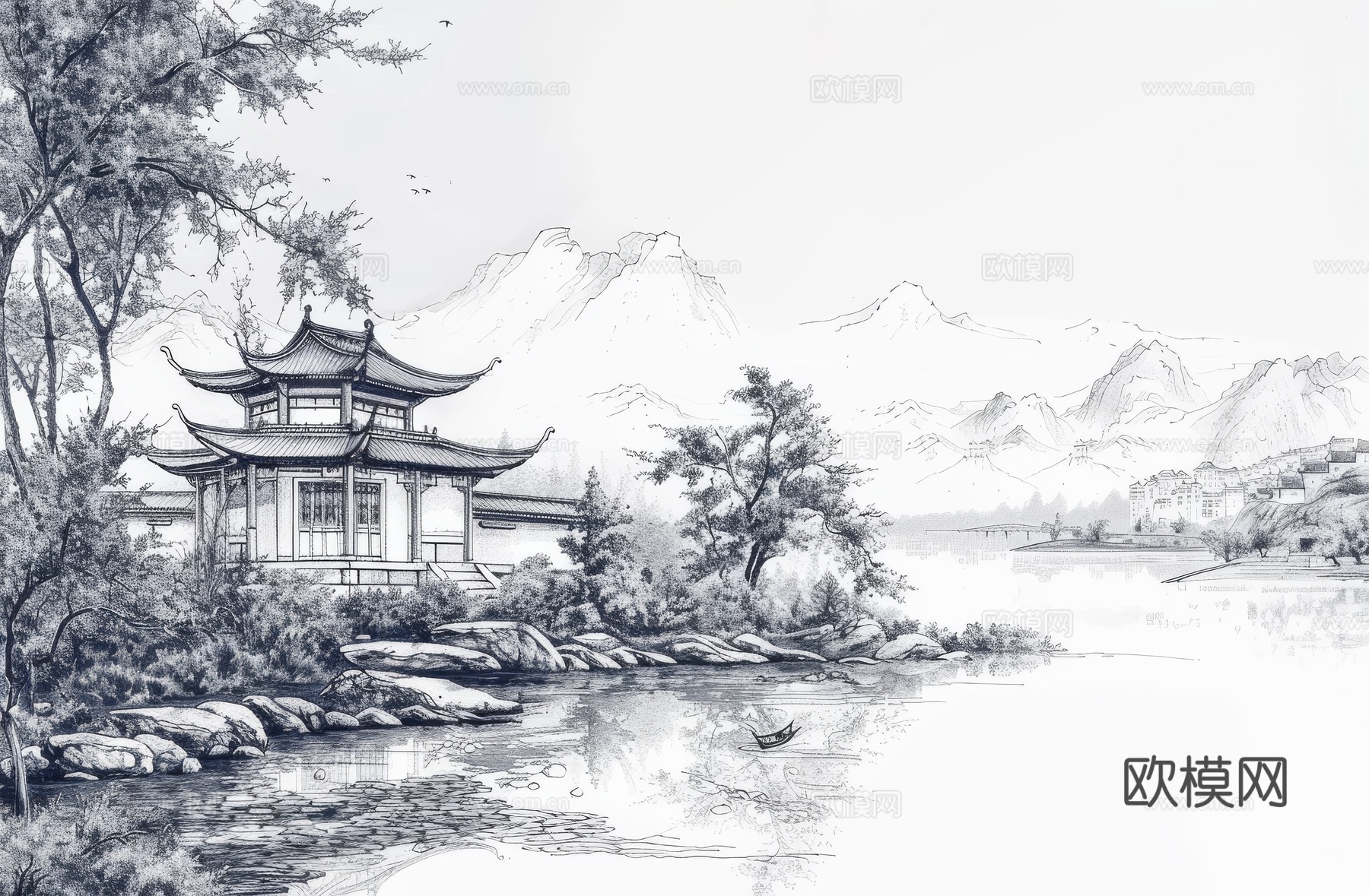 新中式亭台楼阁线条建筑壁画