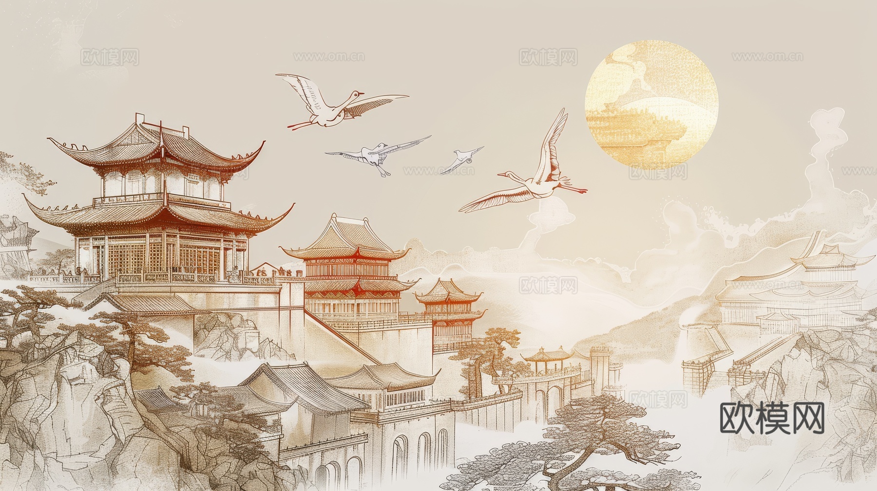 新中式亭台楼阁线条建筑壁画
