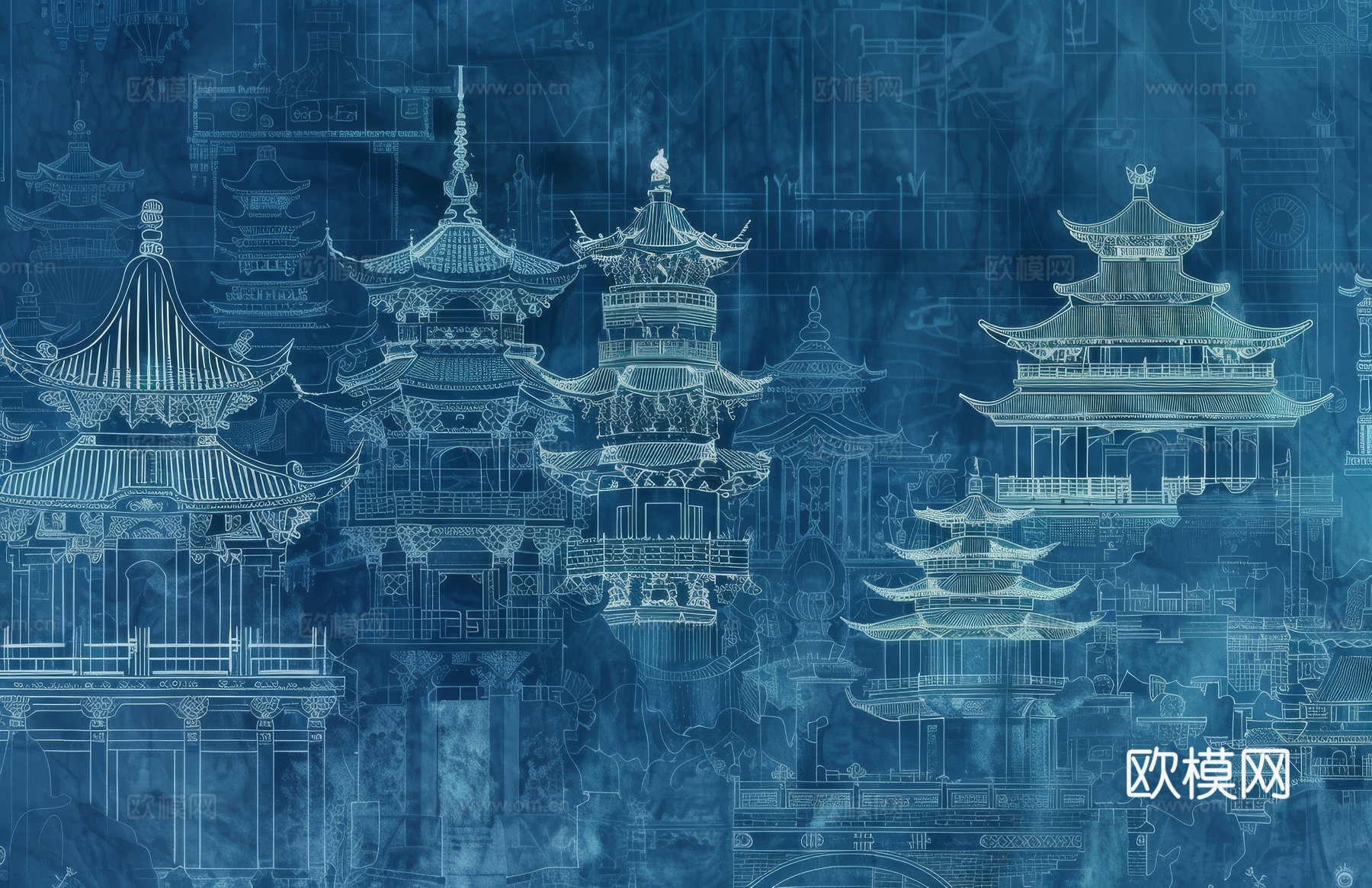 新中式亭台楼阁线条建筑壁画下载（渲染图7）