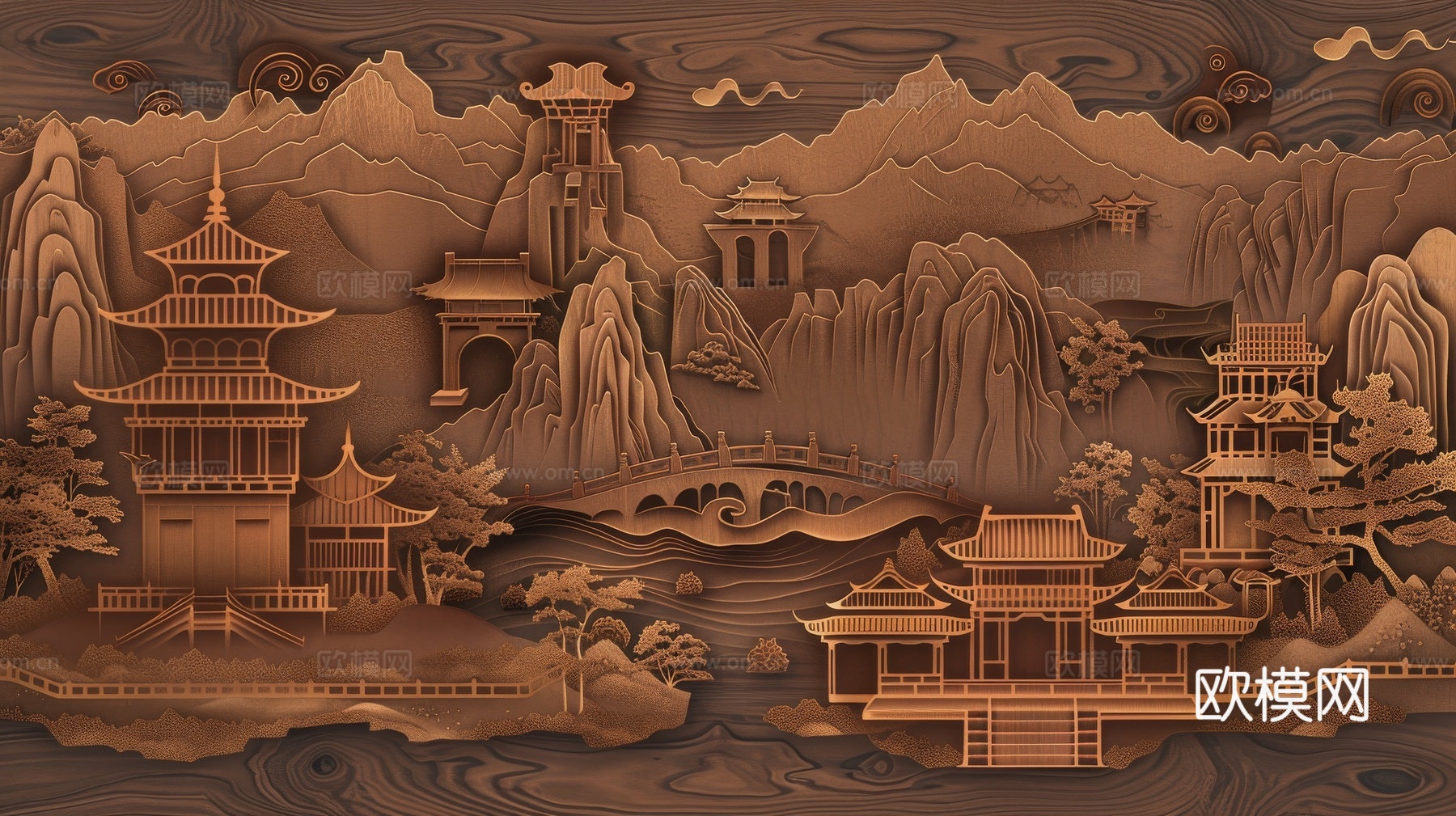 新中式亭台楼阁线条建筑壁画