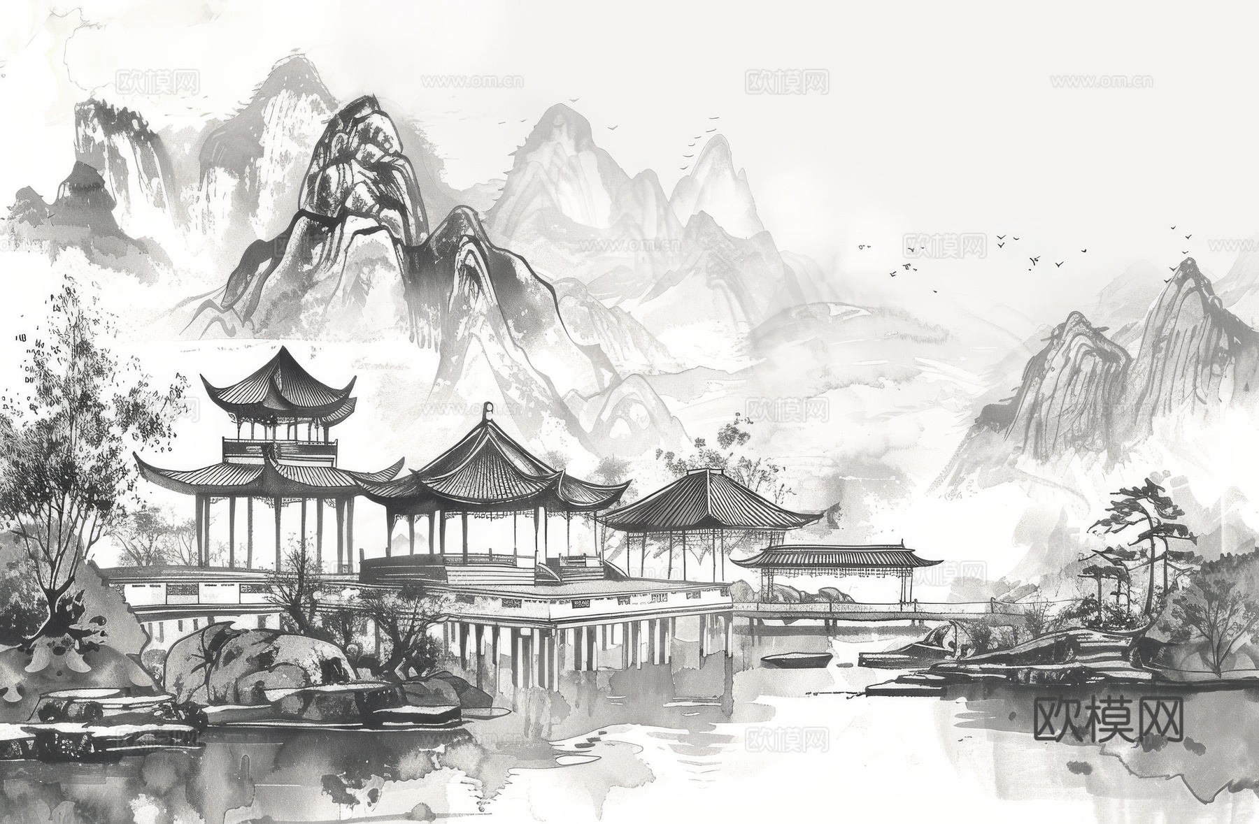 新中式亭台楼阁线条建筑壁画