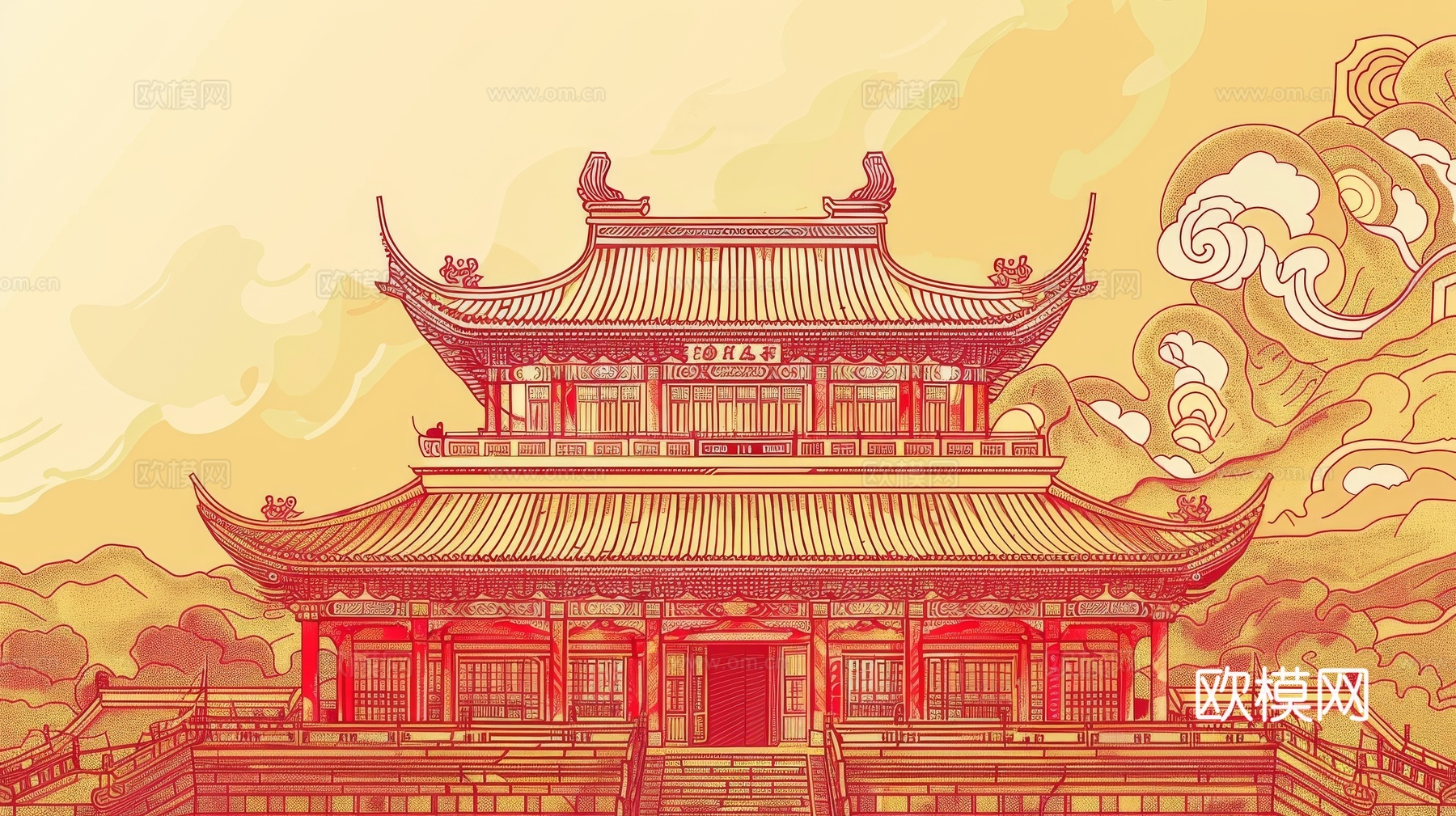 新中式亭台楼阁线条建筑壁画