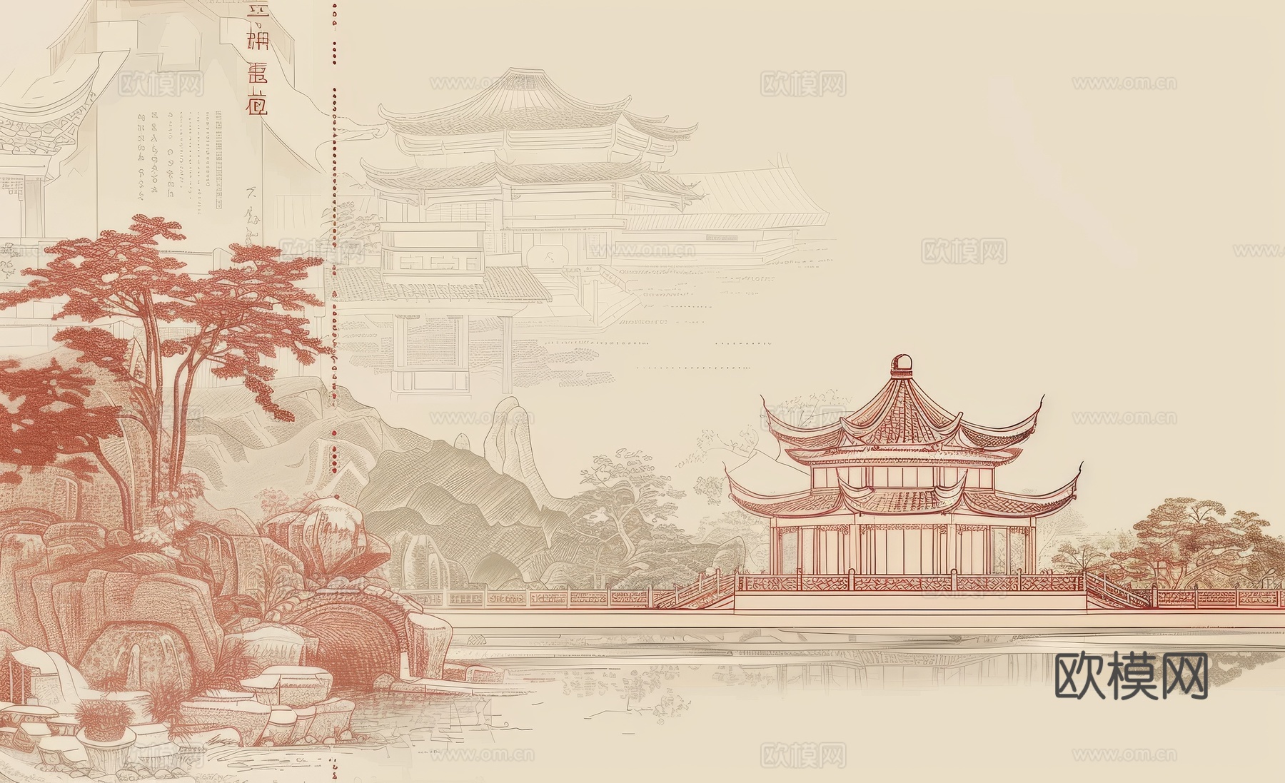 新中式亭台楼阁线条建筑壁画下载（渲染图3）