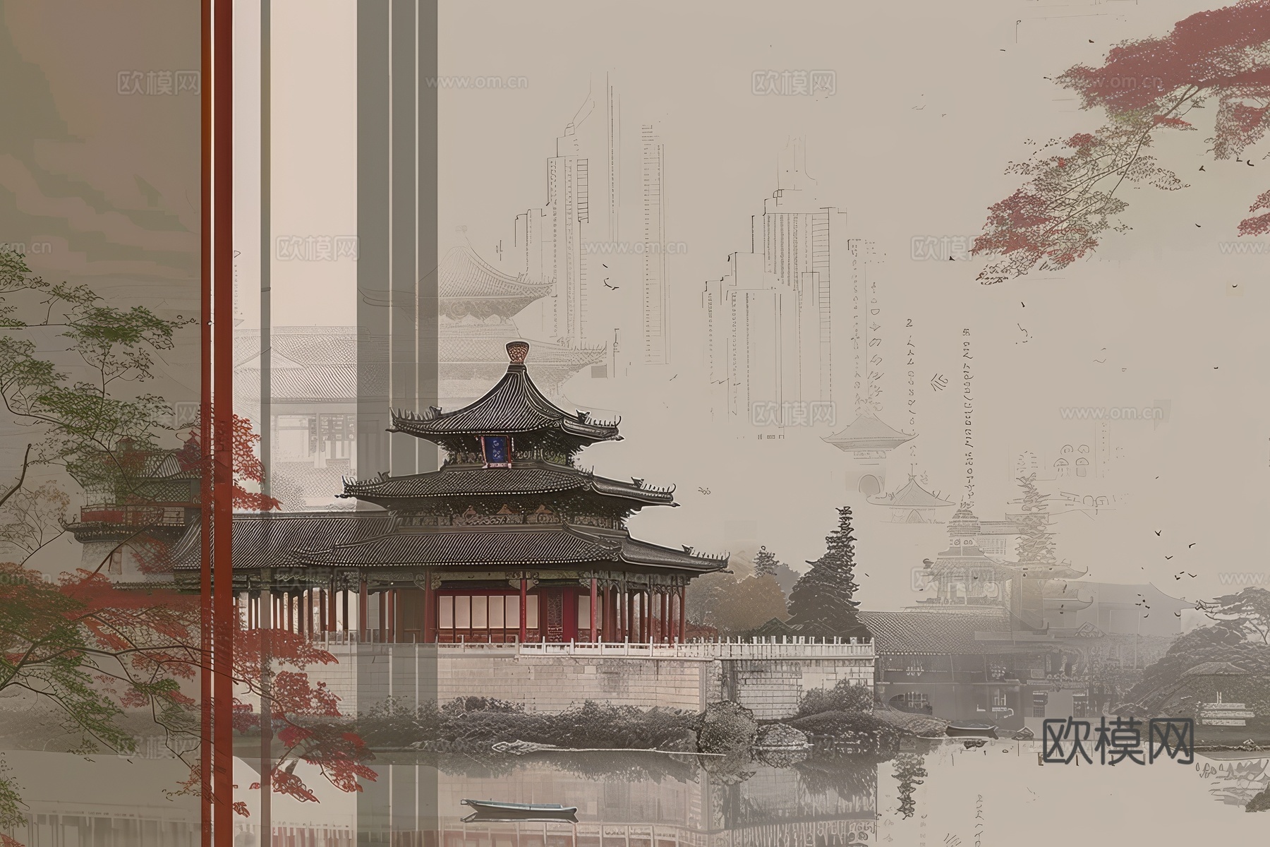 新中式亭台楼阁线条建筑壁画