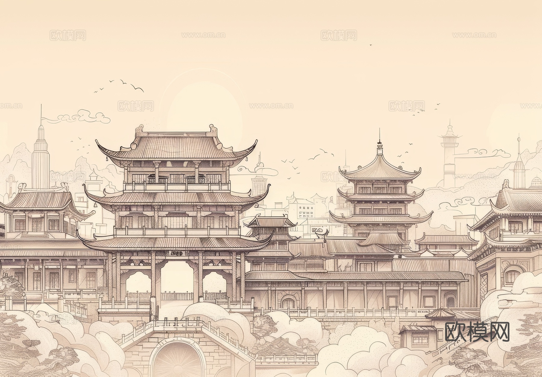 新中式亭台楼阁线条建筑壁画下载（渲染图2）