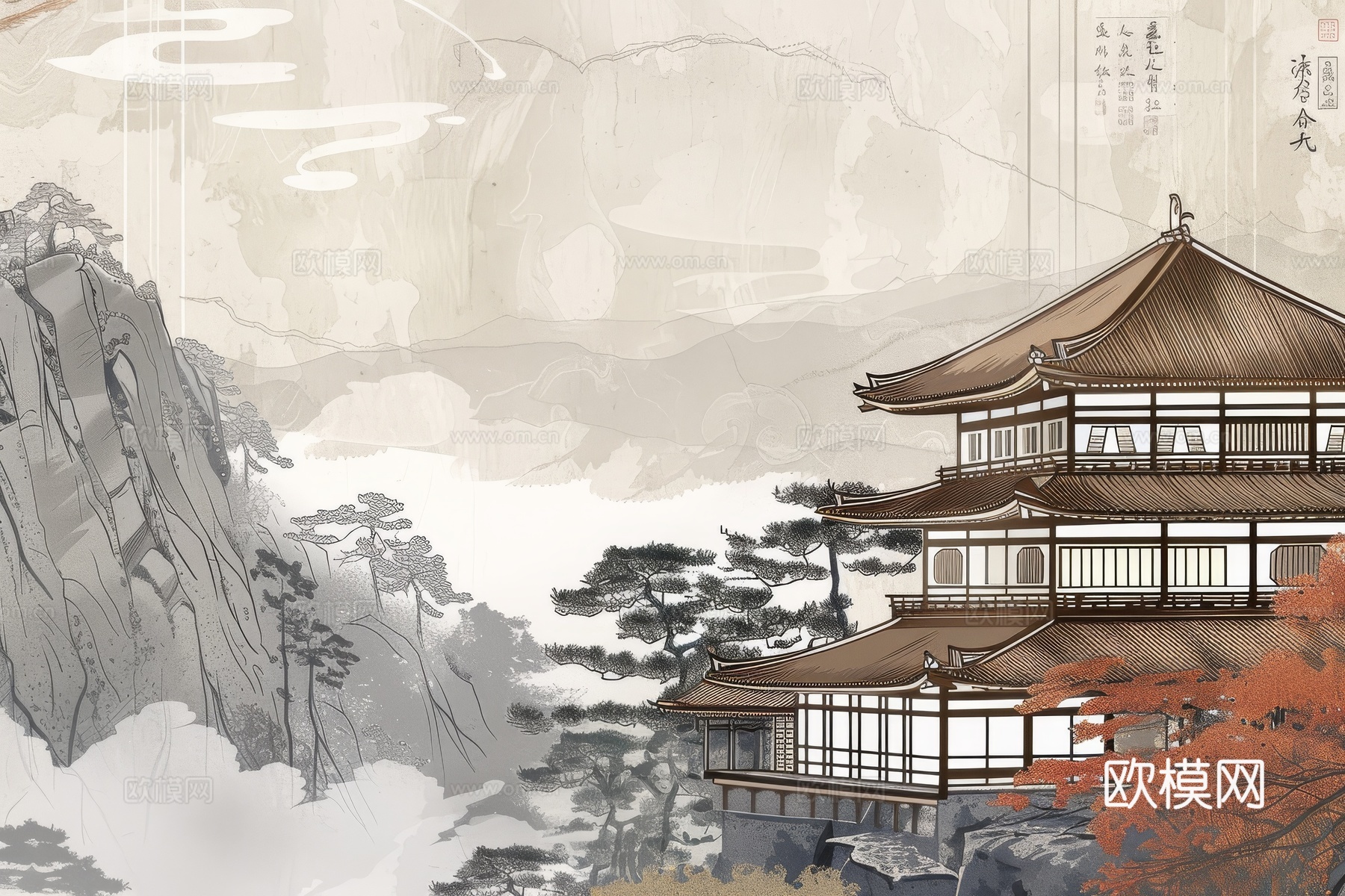 新中式亭台楼阁线条建筑壁画下载（渲染图7）