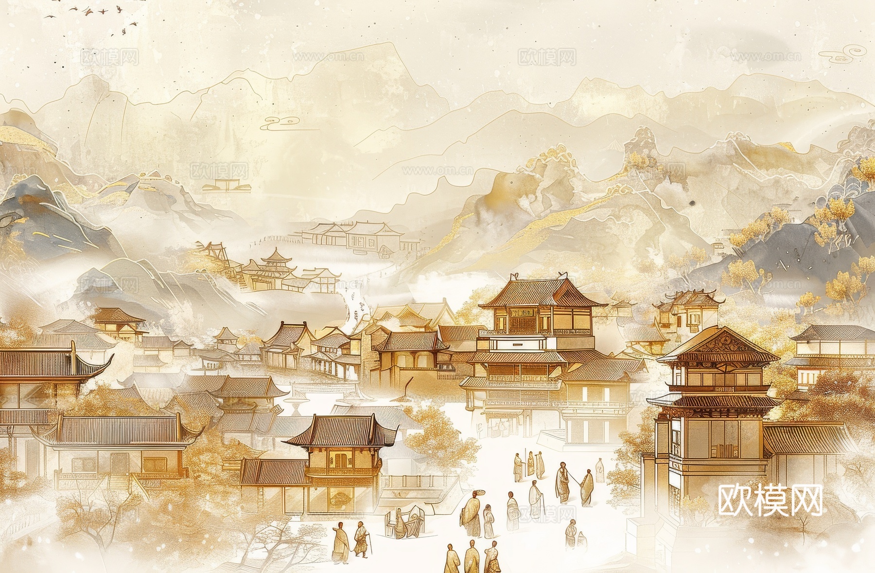 新中式亭台楼阁线条建筑壁画