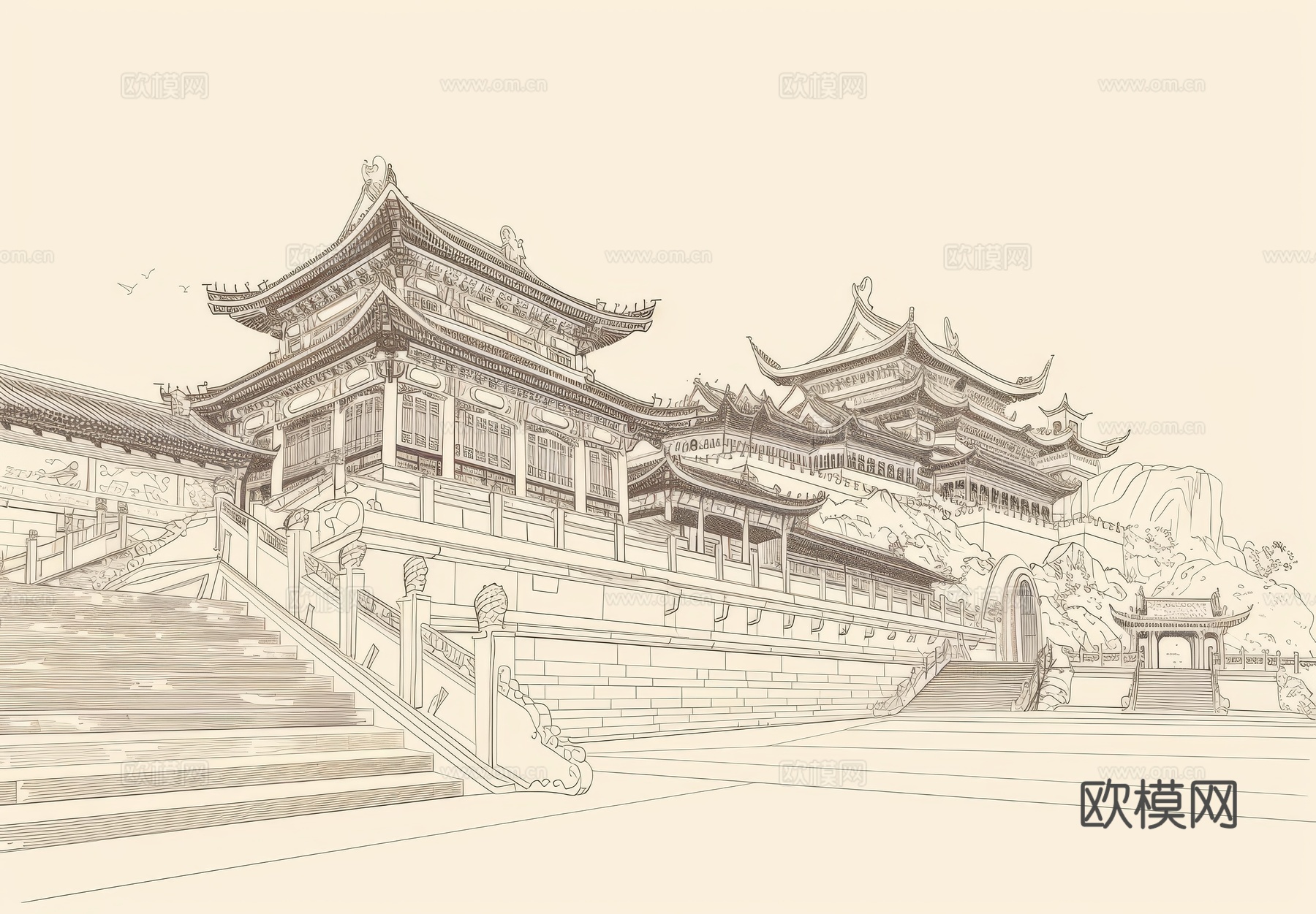 新中式亭台楼阁线条建筑壁画下载（渲染图7）