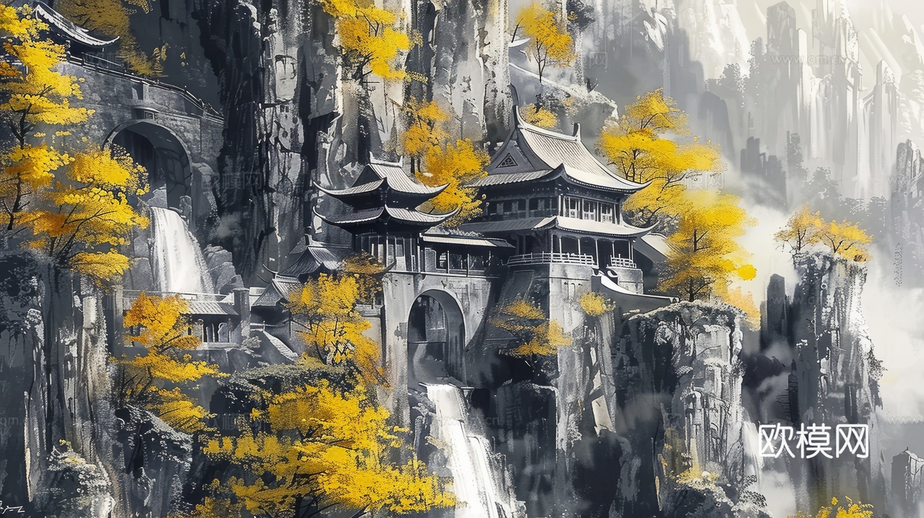 新中式亭台楼阁线条建筑壁画