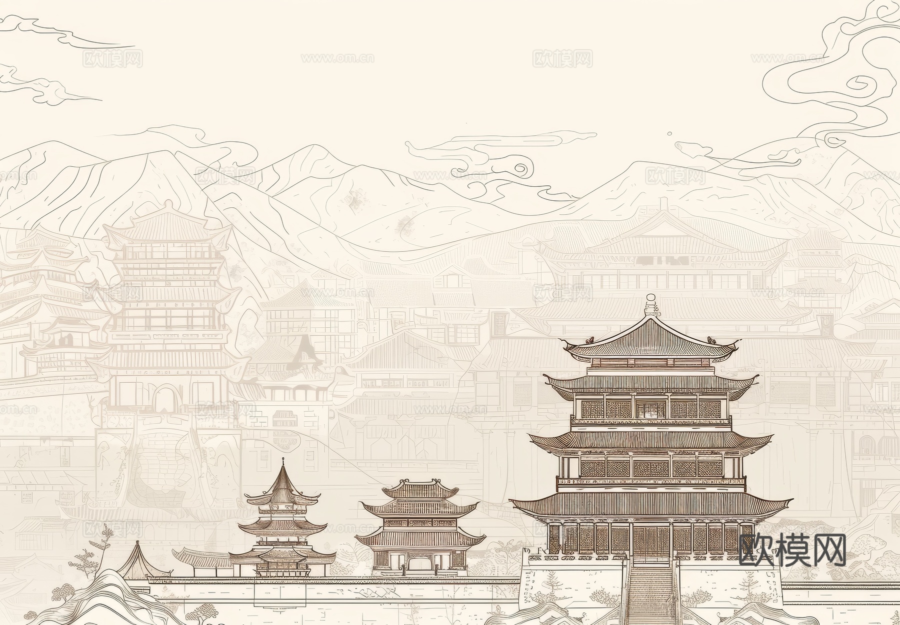 新中式亭台楼阁线条建筑壁画下载（渲染图6）