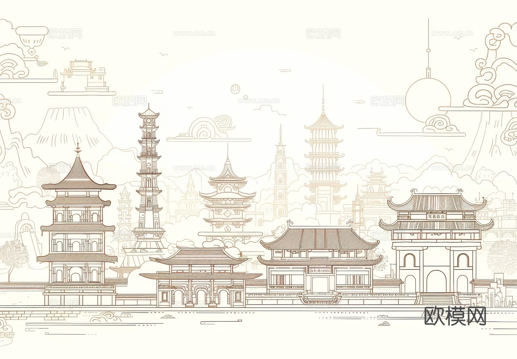 新中式亭台楼阁线条建筑壁画下载（渲染图3）