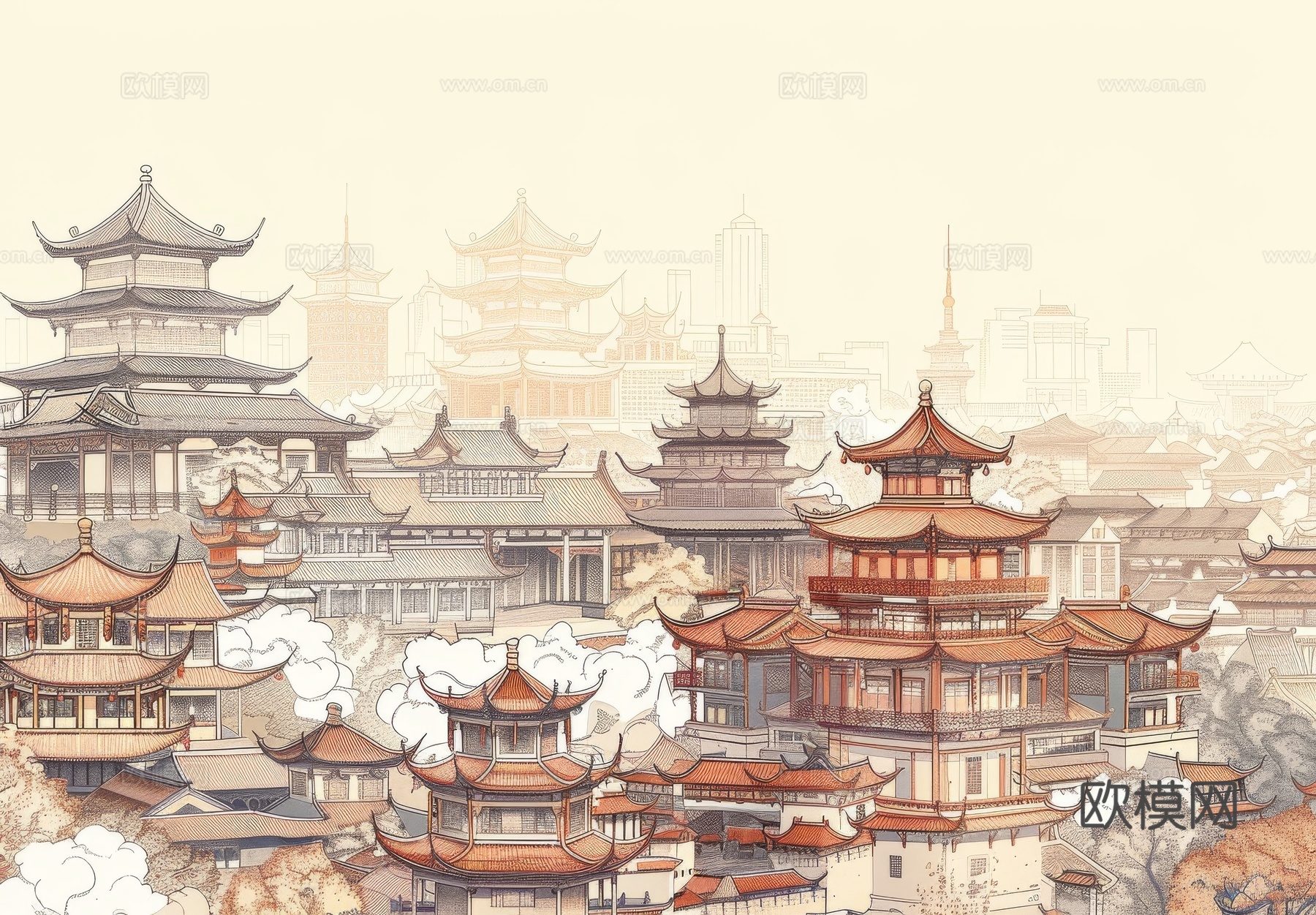 新中式亭台楼阁线条建筑壁画