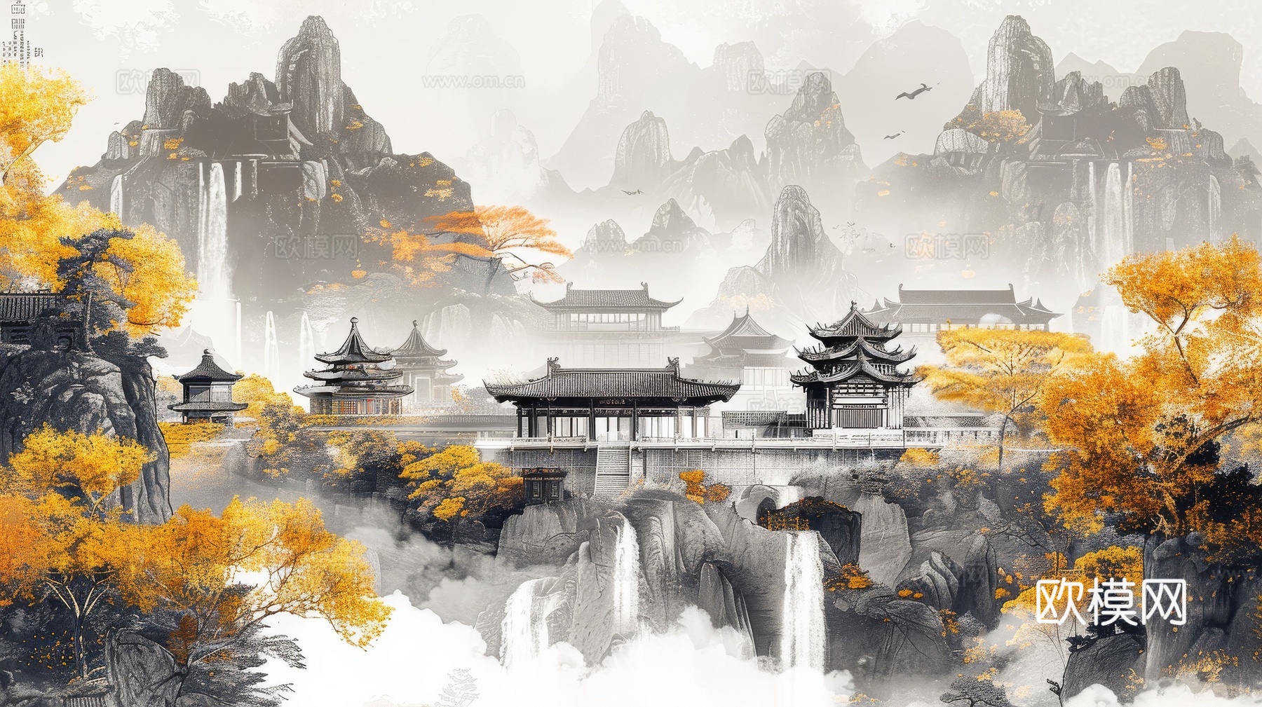 新中式亭台楼阁线条建筑壁画