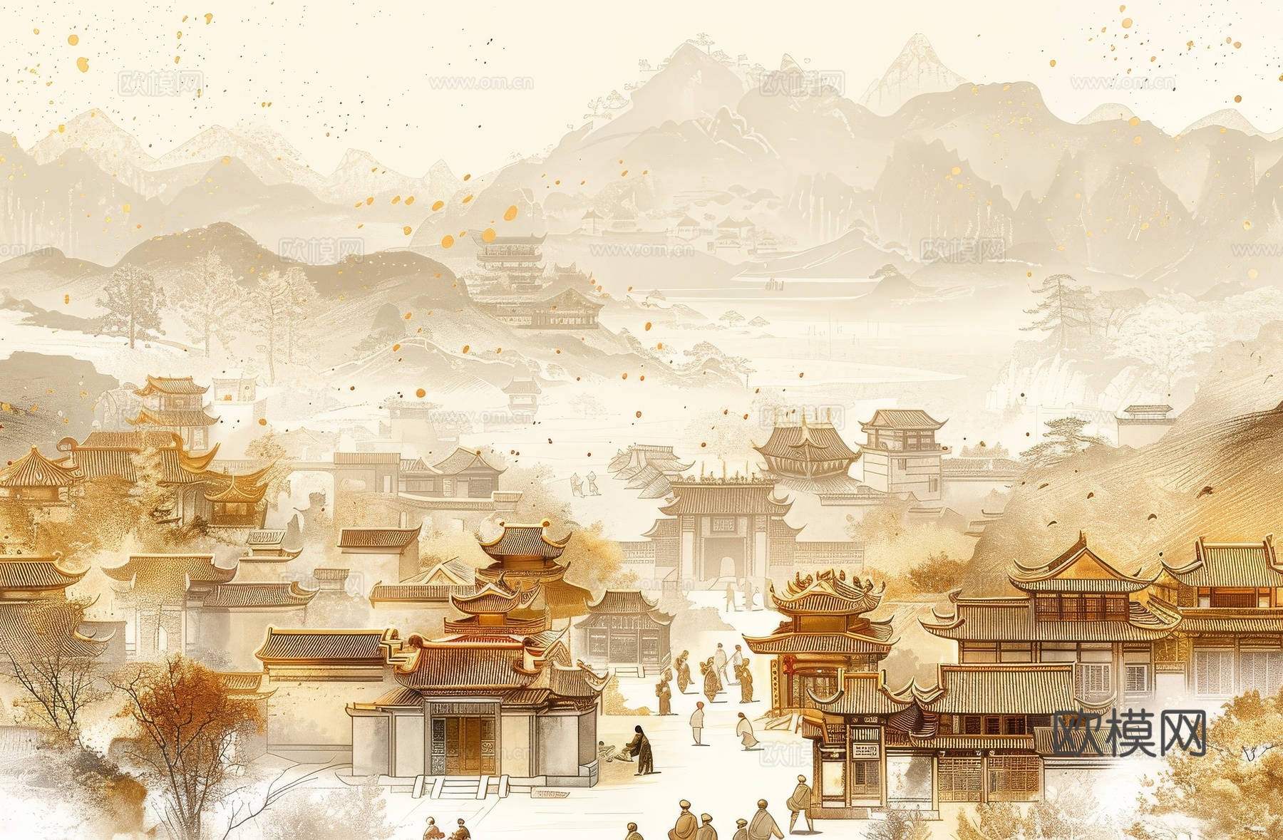 新中式亭台楼阁线条建筑壁画