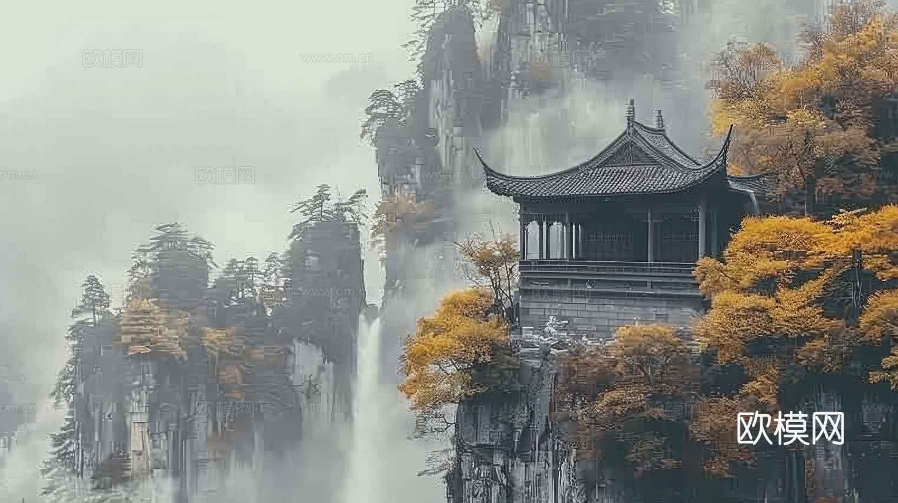 新中式亭台楼阁线条建筑壁画