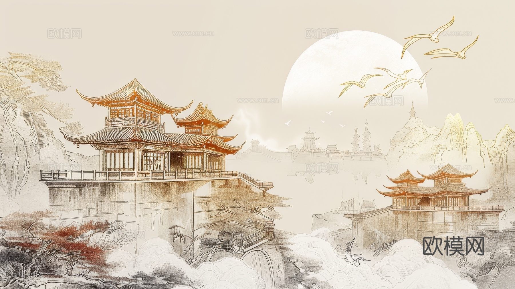 新中式亭台楼阁线条建筑壁画