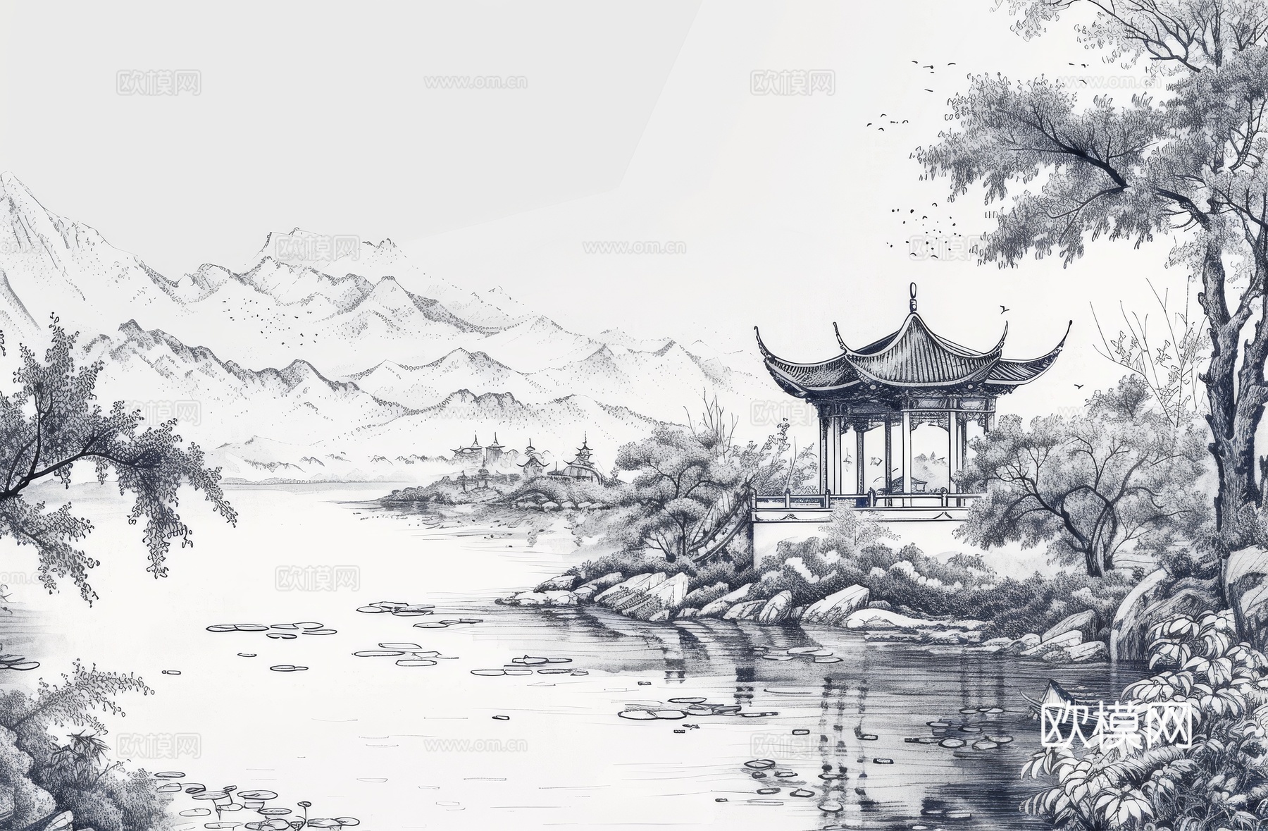 新中式亭台楼阁线条建筑壁画下载（渲染图5）