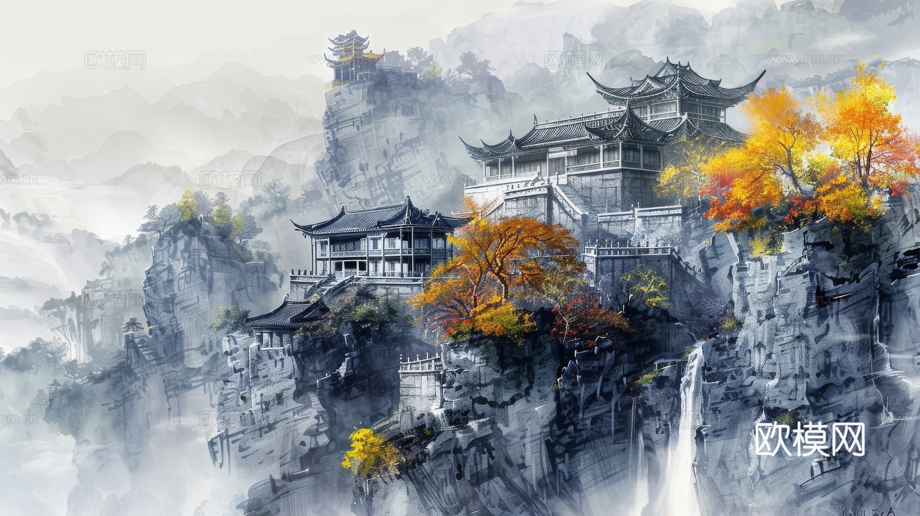新中式亭台楼阁线条建筑壁画