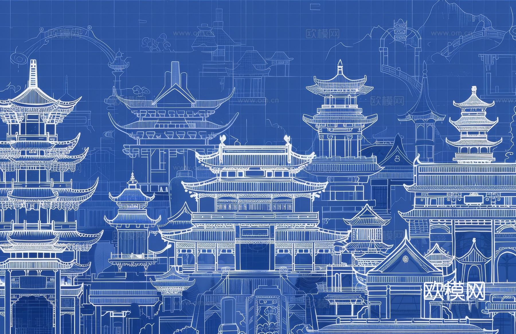 新中式亭台楼阁线条建筑壁画