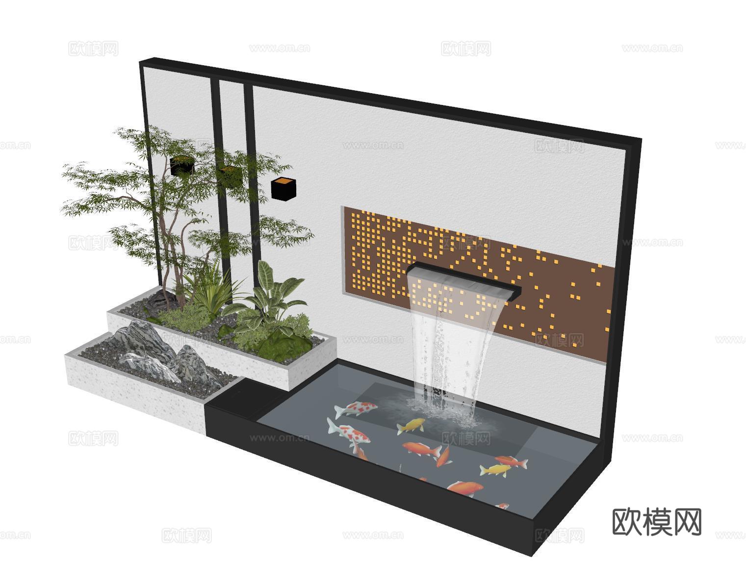 现代庭院水景 水景墙 叠水 景观植物 鱼池su模型
