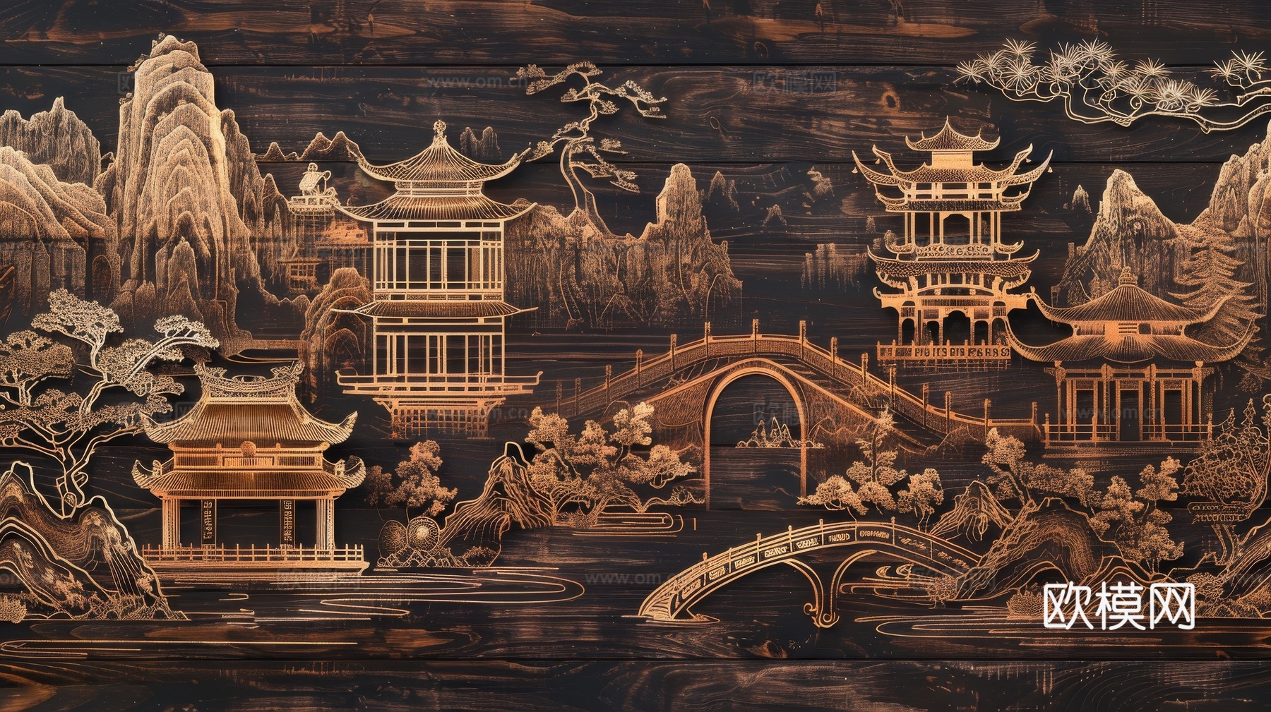 新中式亭台楼阁线条建筑壁画
