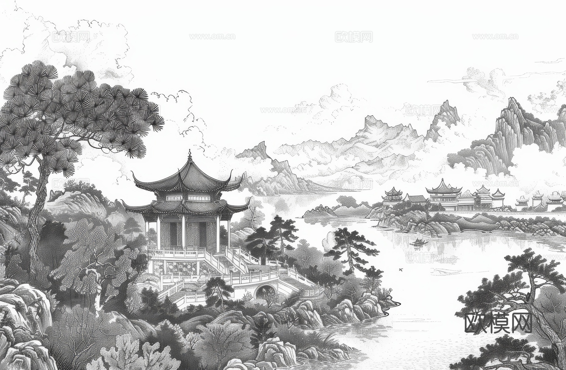 新中式亭台楼阁线条建筑壁画