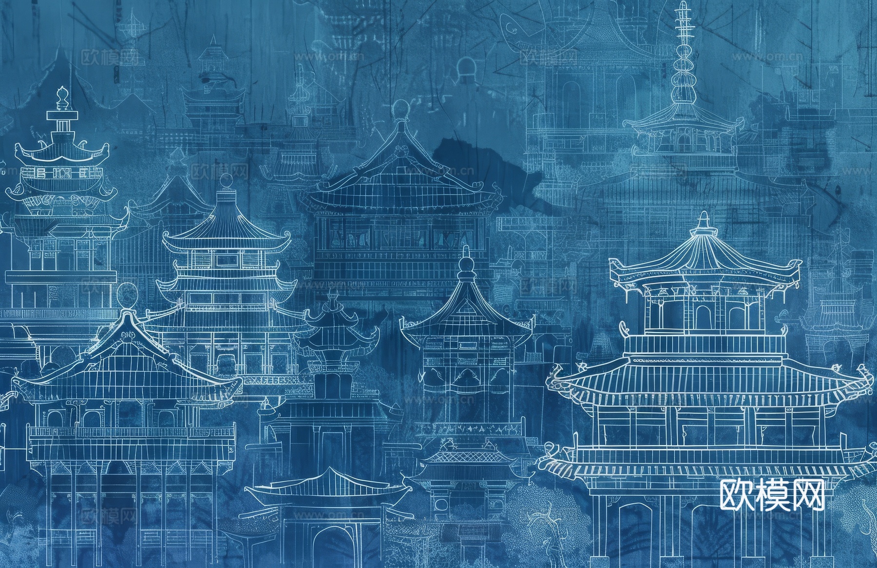 新中式亭台楼阁线条建筑壁画下载（渲染图5）