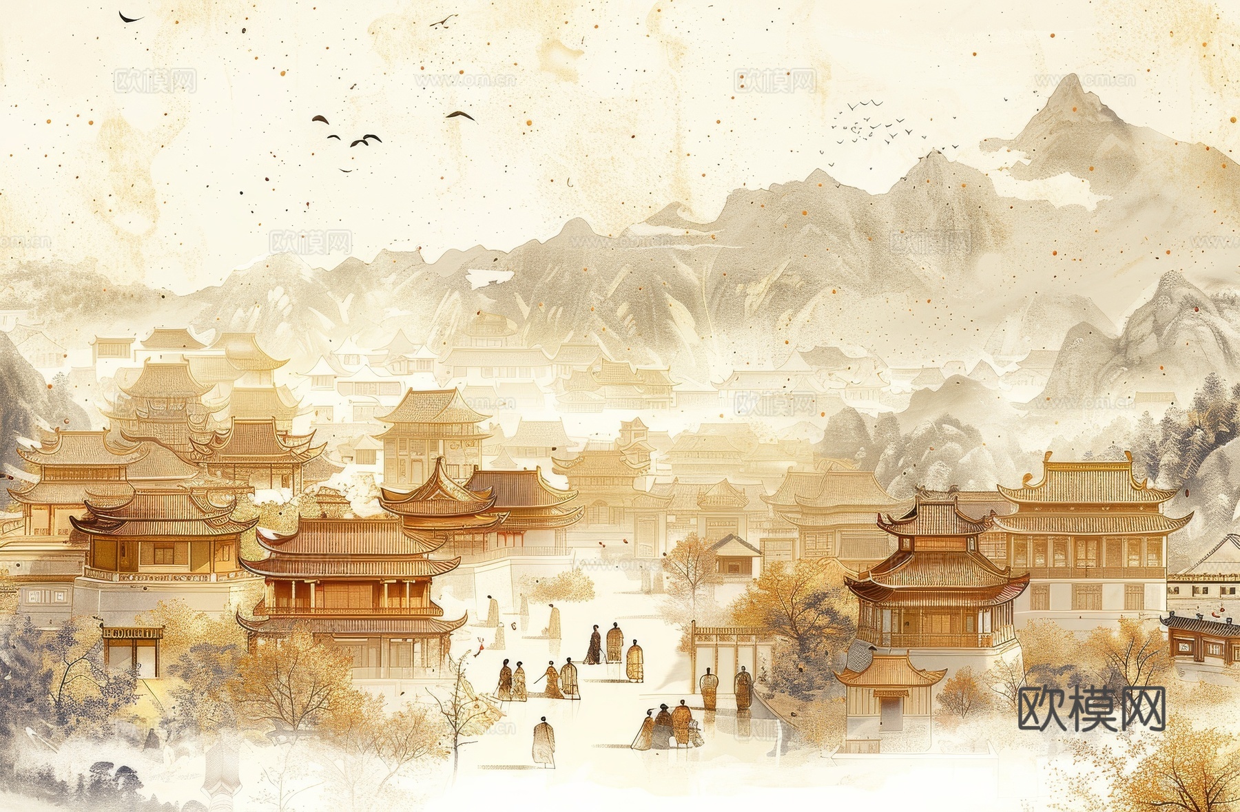 新中式亭台楼阁线条建筑壁画