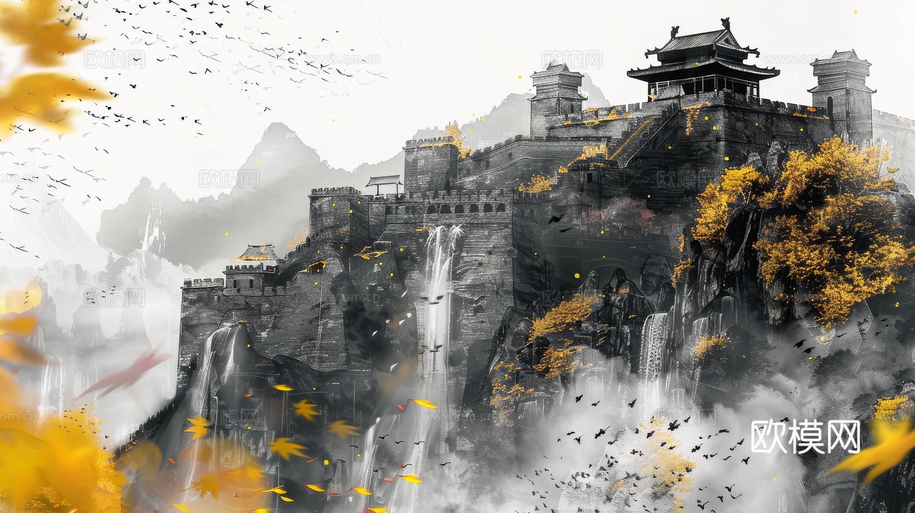 新中式亭台楼阁线条建筑壁画下载（渲染图1）