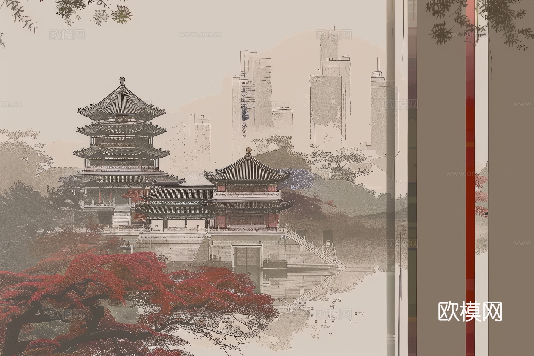 新中式亭台楼阁线条建筑壁画