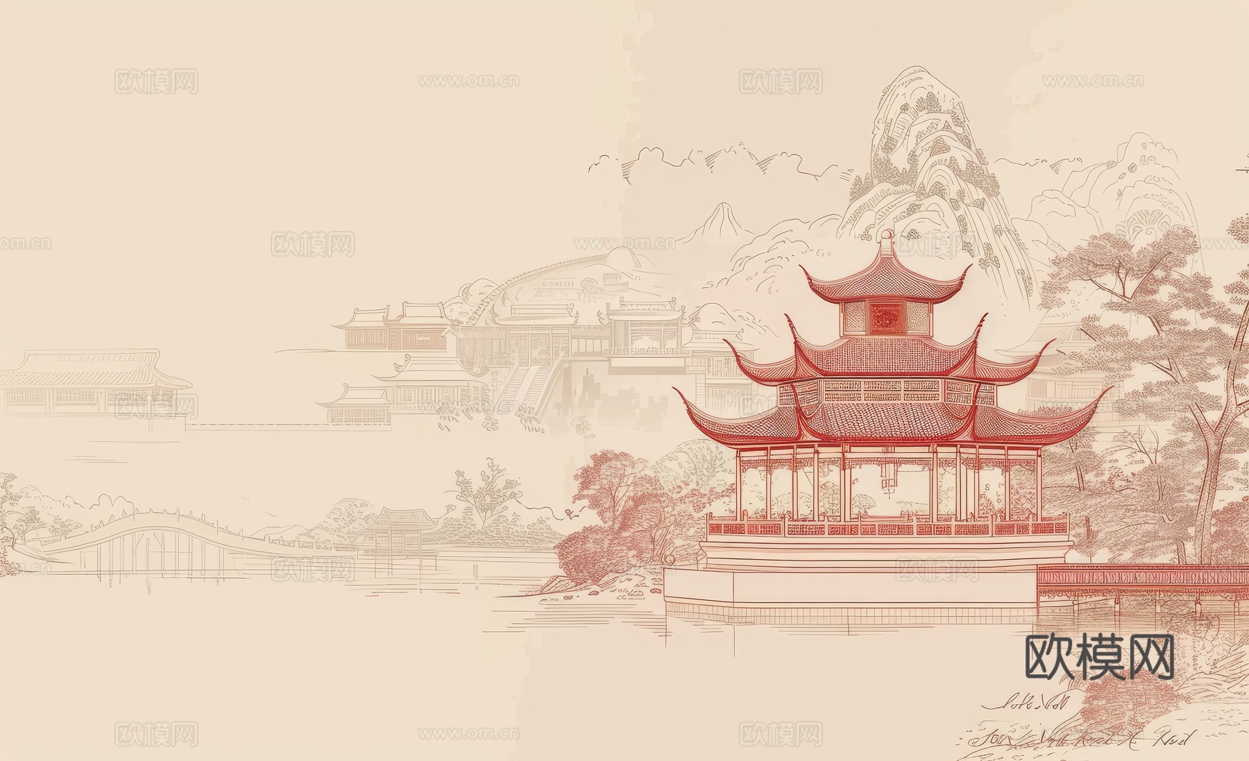 新中式亭台楼阁线条建筑壁画下载（渲染图3）