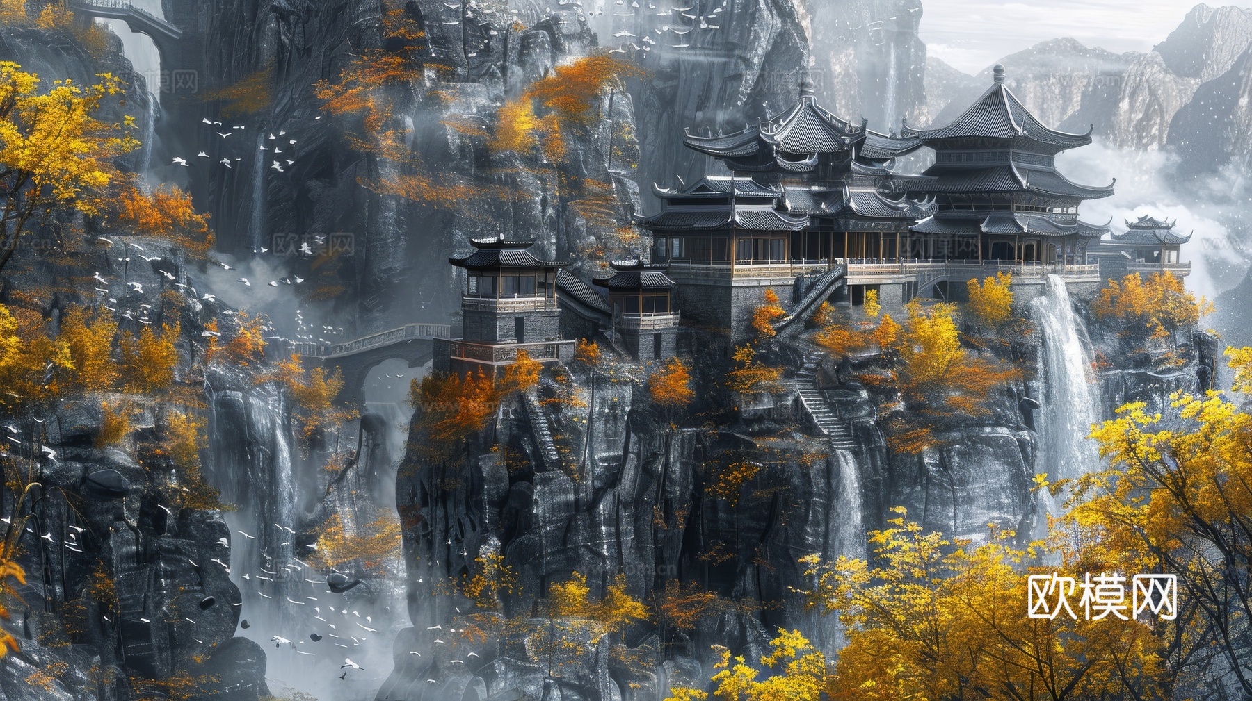 新中式亭台楼阁线条建筑壁画