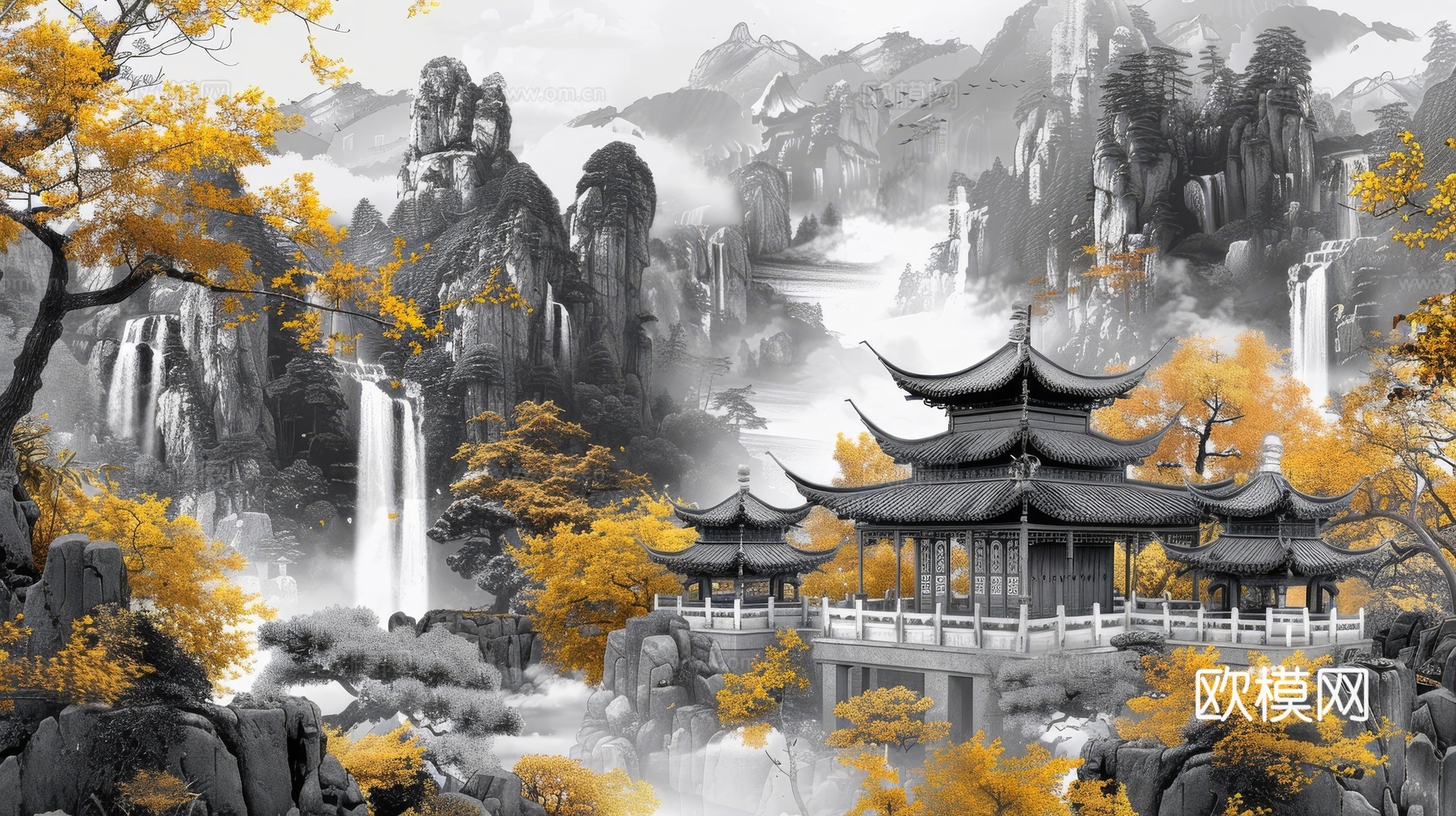新中式亭台楼阁线条建筑壁画