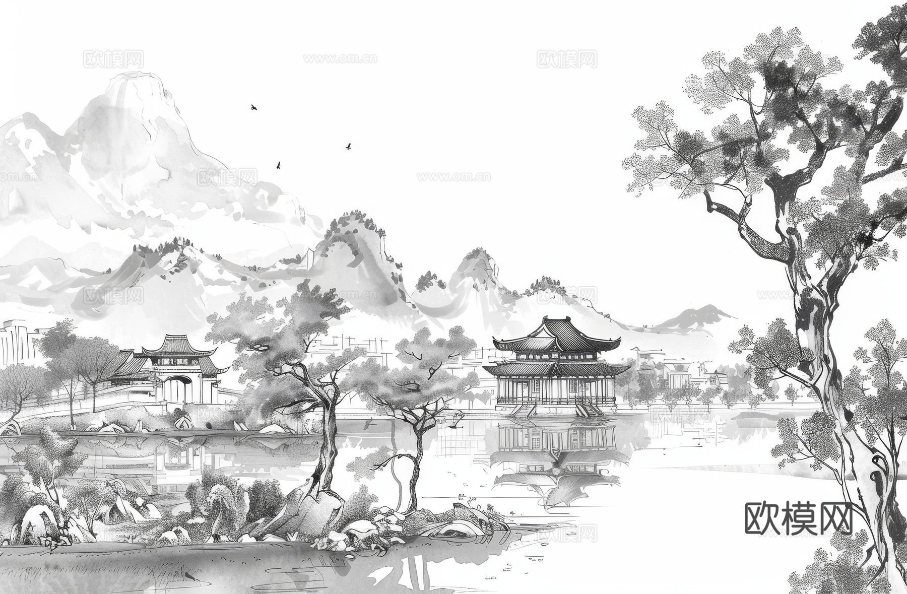 新中式亭台楼阁线条建筑壁画