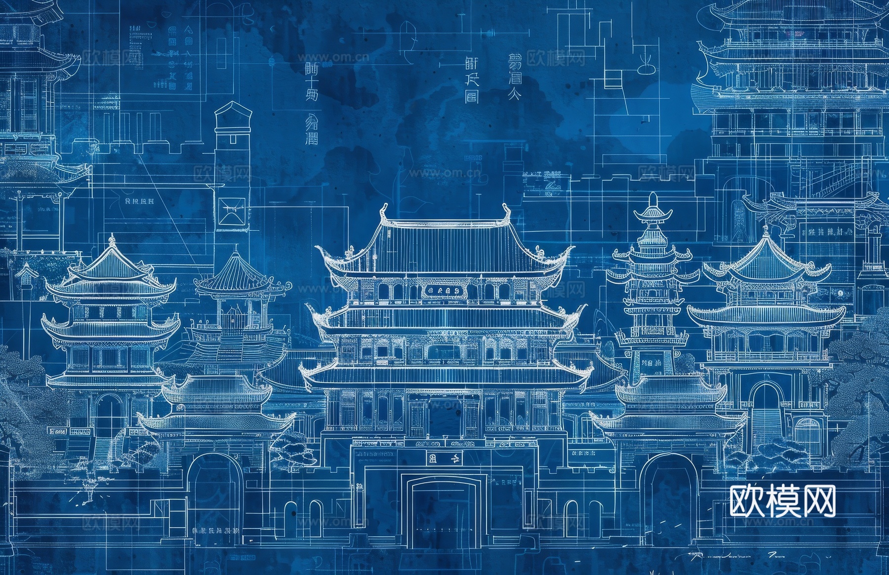 新中式亭台楼阁线条建筑壁画