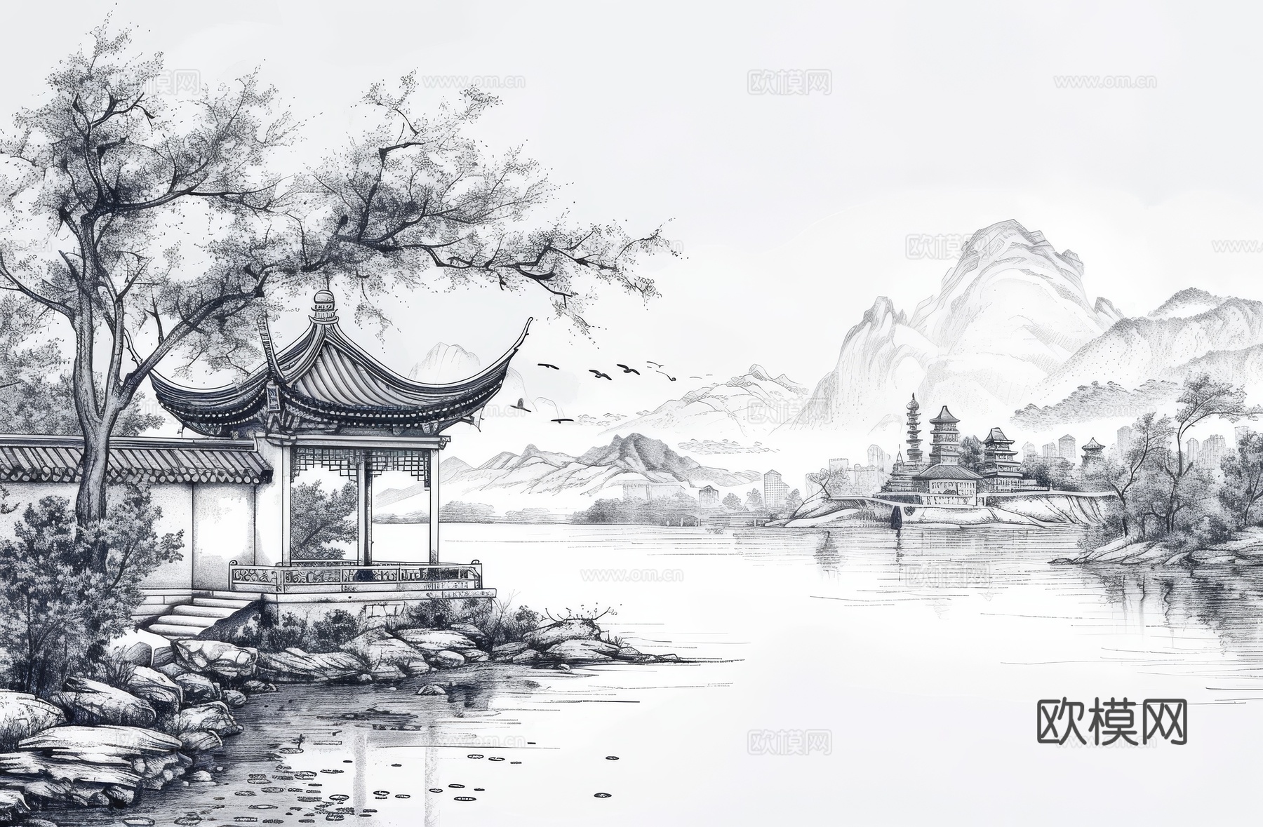 新中式亭台楼阁线条建筑壁画下载（渲染图1）