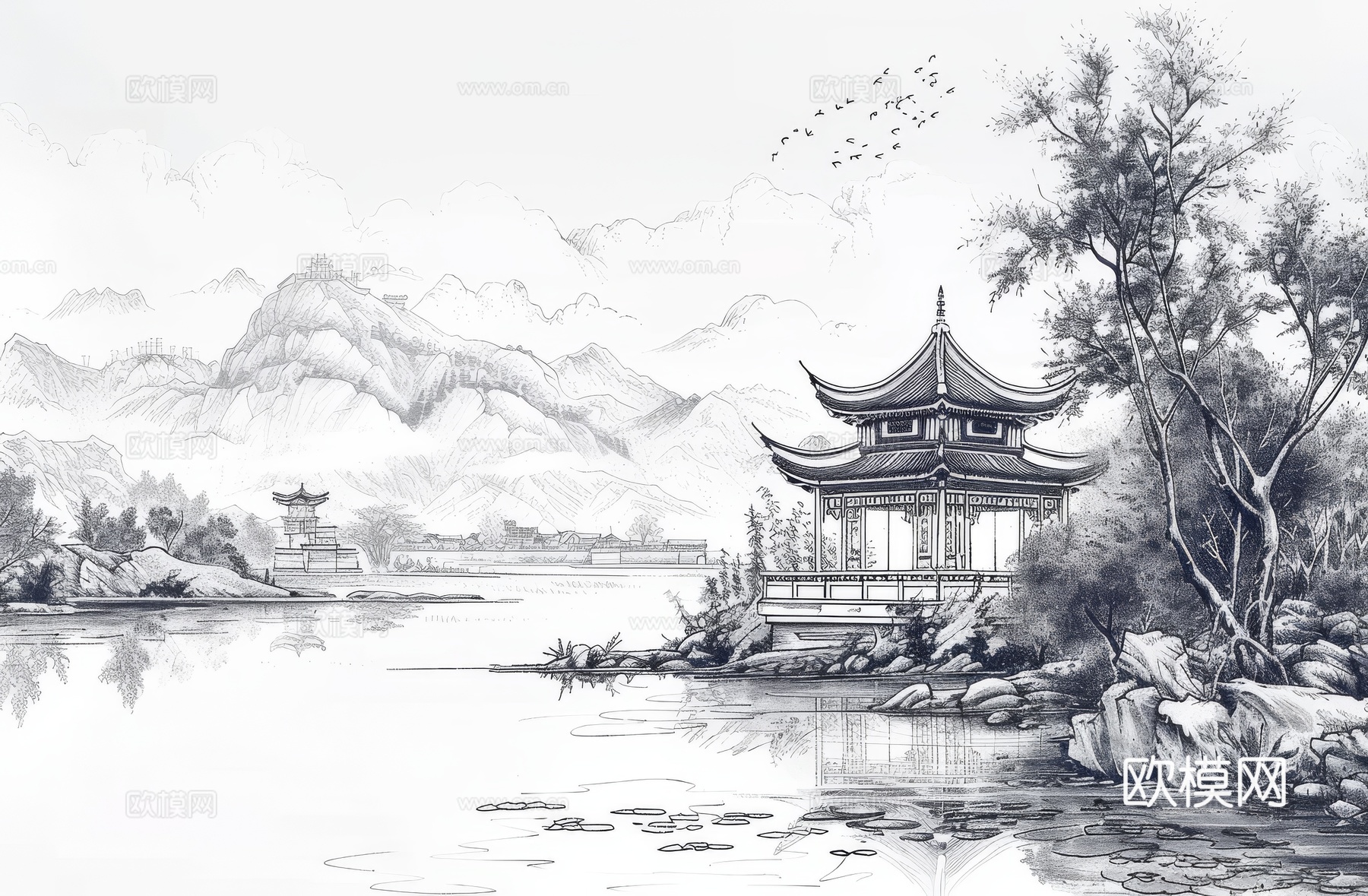新中式亭台楼阁线条建筑壁画