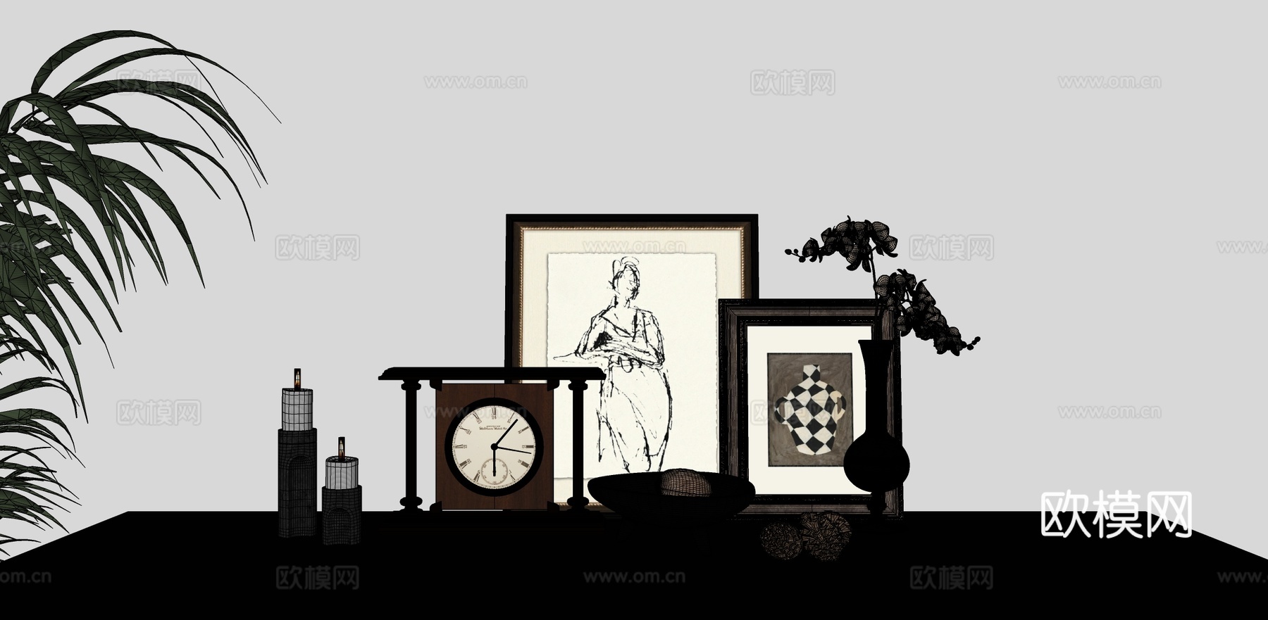 美式组合摆件 盆栽花瓶挂画摆钟su模型